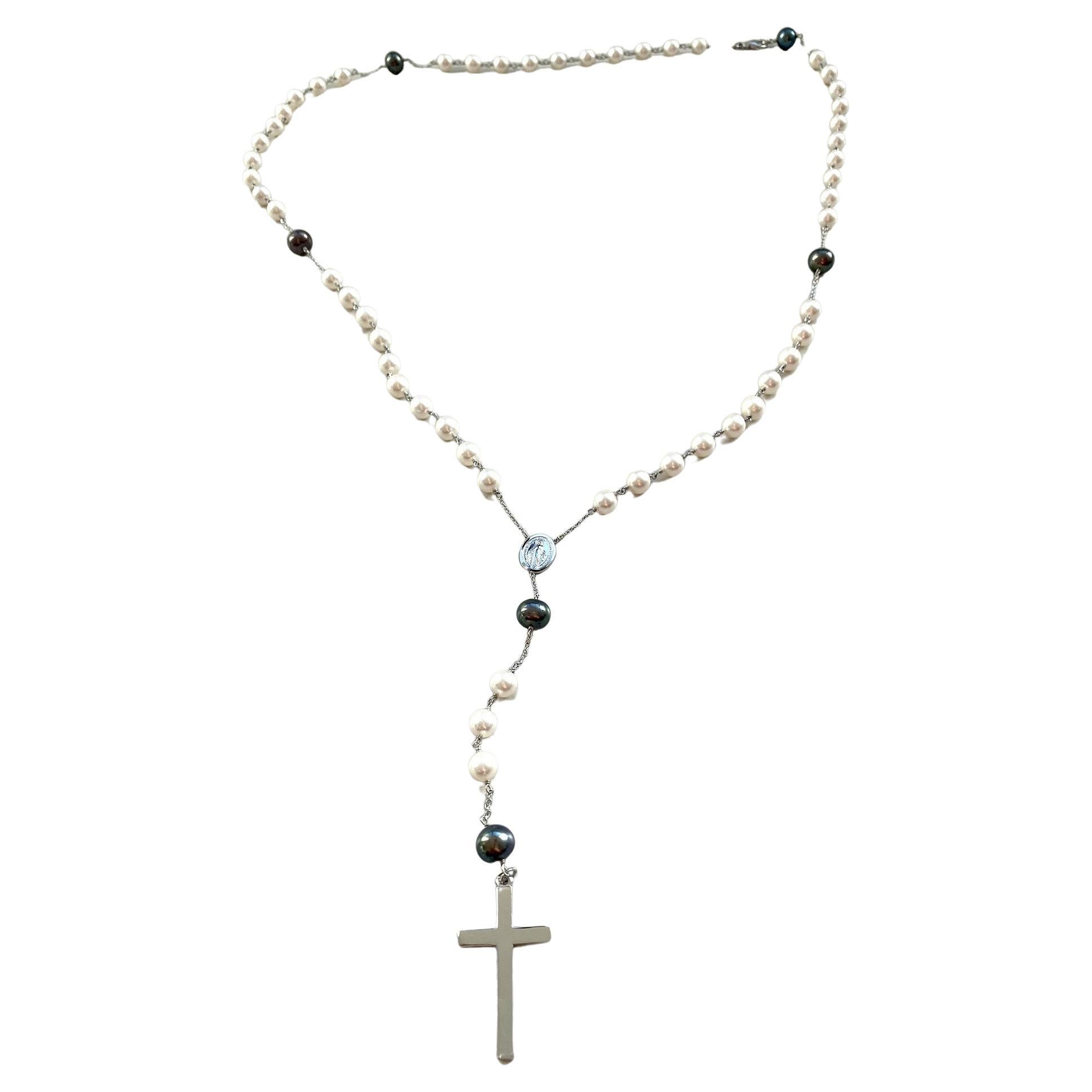 Rosary Necklace with Natural Akoya Pearls and Natural Black Pearls, 18kt Gold