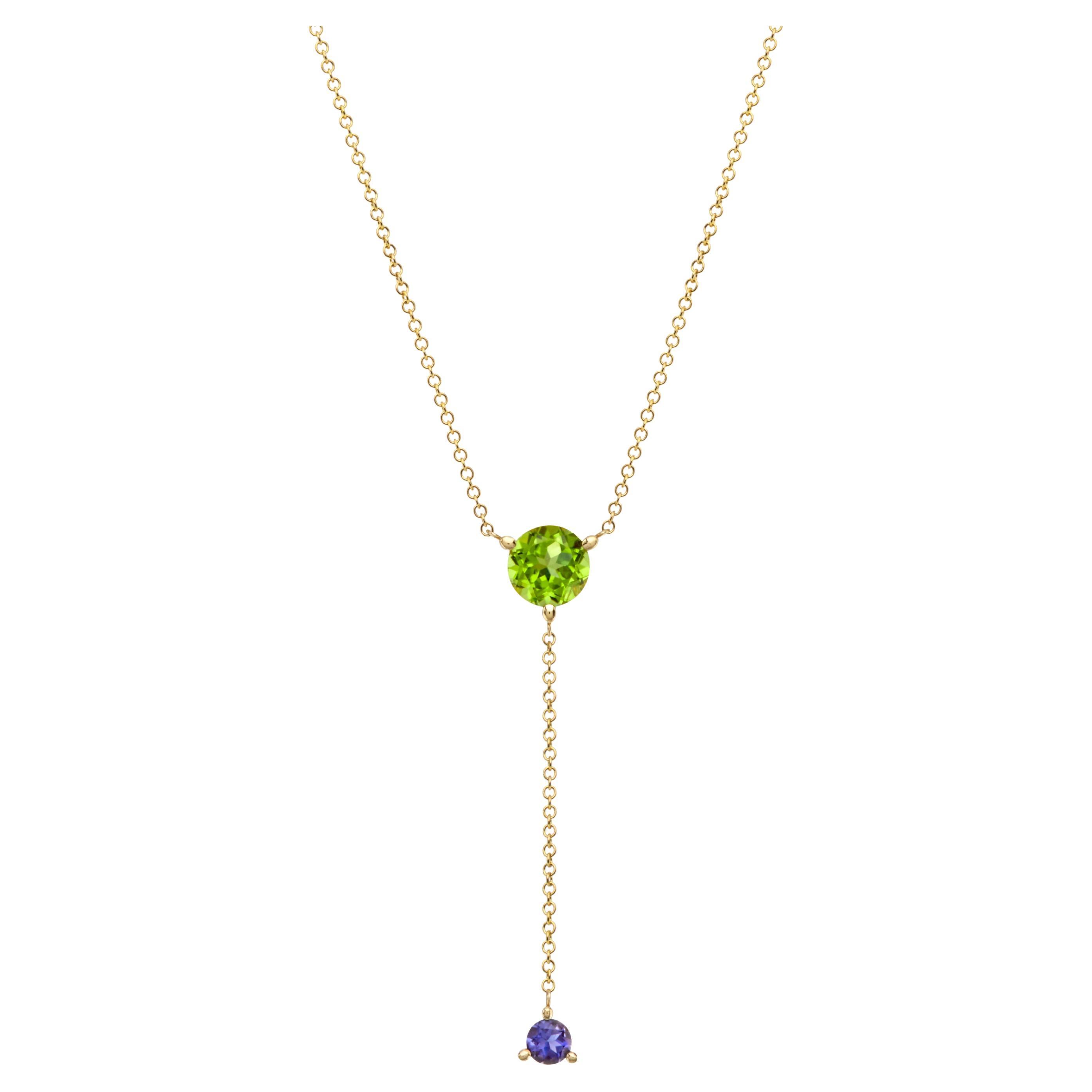 Rosary Type Pendant Necklace in 18Kt Yellow Gold with Round Peridot and Iolite