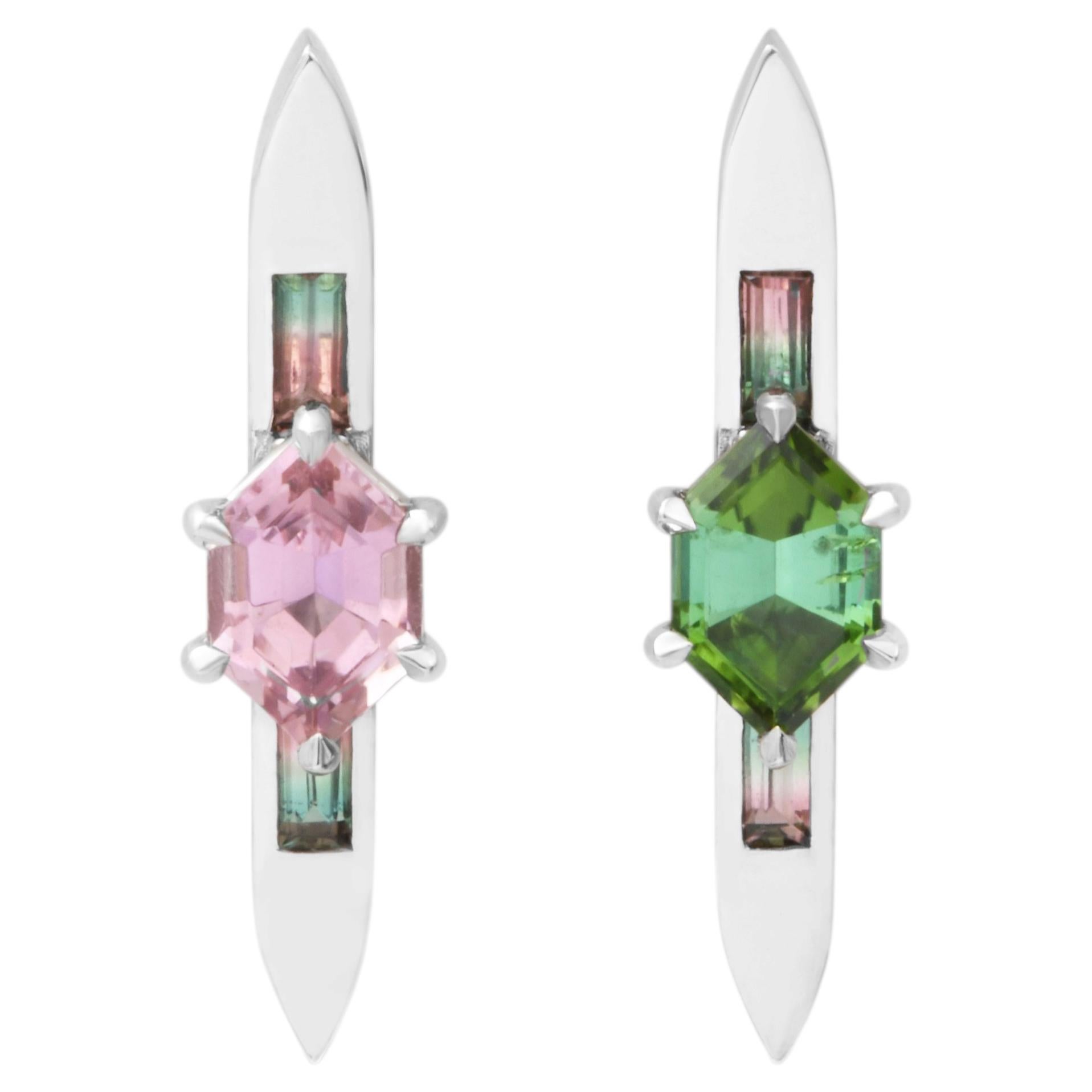Green Geometric Platinum Watermelon Tourmaline Organic Earrings By Capucine H For Sale