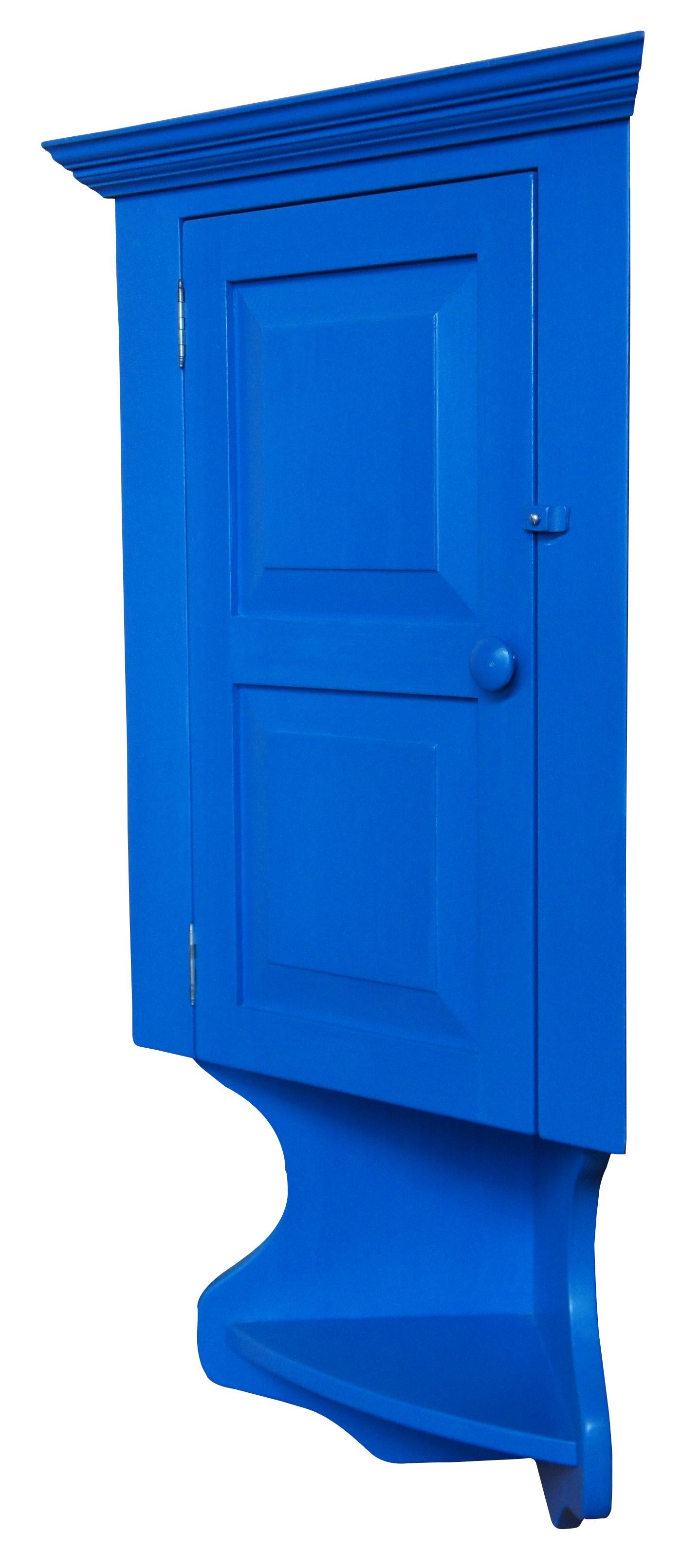 American Colonial Vintage Early American Style Blue Hanging Corner Cupboard Cabinet Farmhouse For Sale