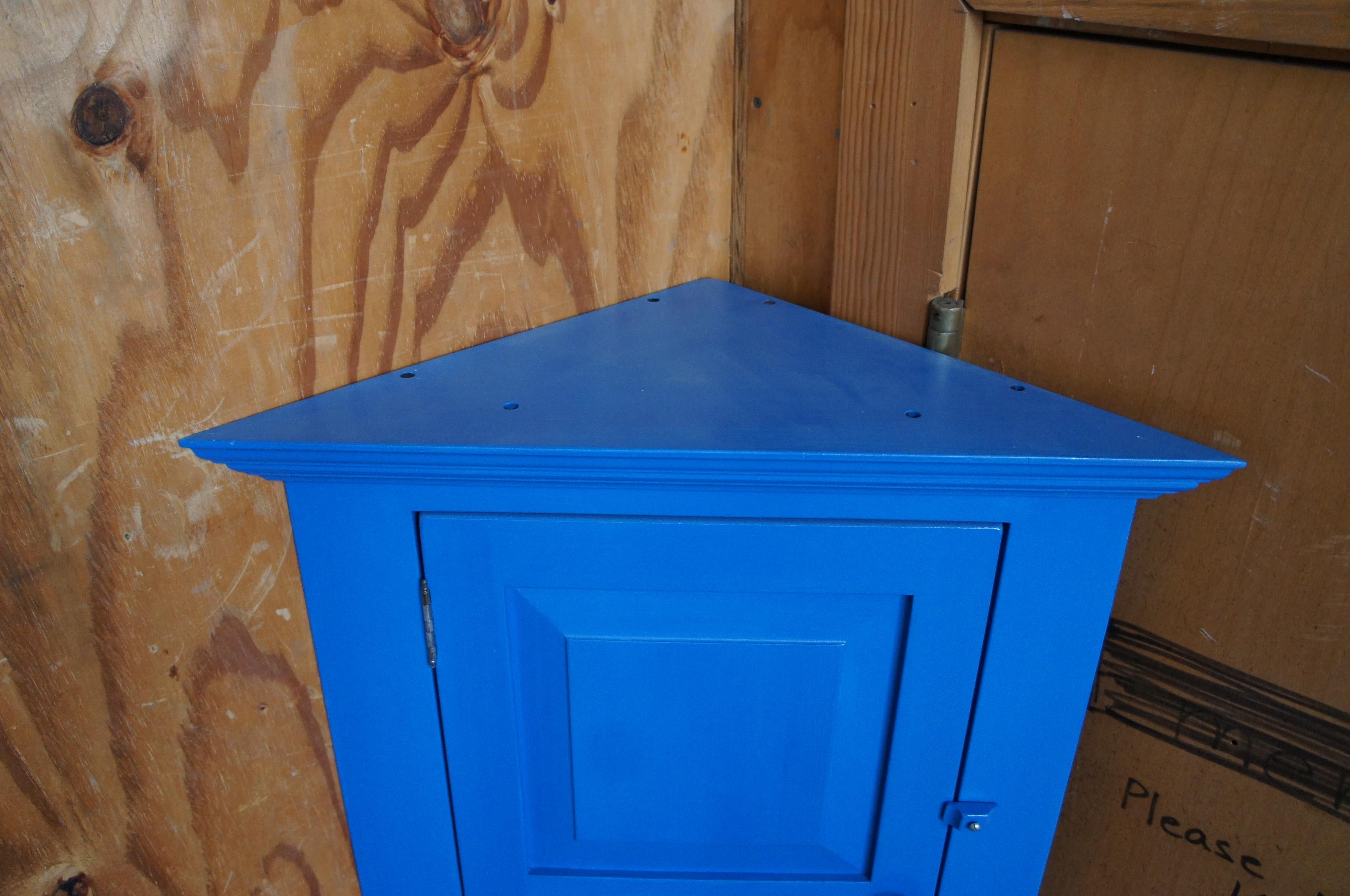 Hardwood Vintage Early American Style Blue Hanging Corner Cupboard Cabinet Farmhouse For Sale