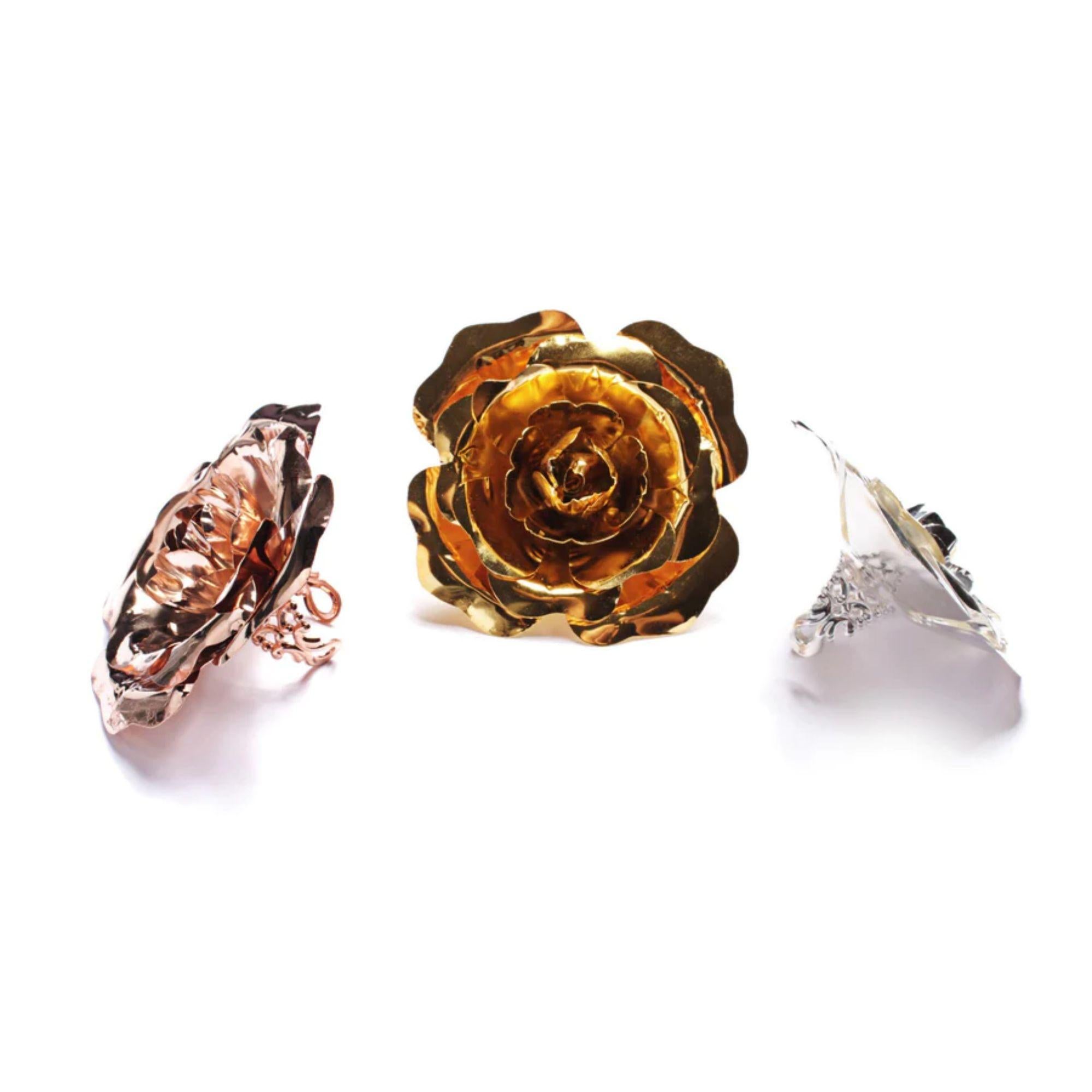 Statement rose ring to put a finishing touch. Goes great with the matching choker. Made in America. Plated on Brass

Additional Information:
Material: Brass, Sterling Silver
Dimensions: W 3.25 x L 3.25 x H 1.5 in
Available in other finish options: