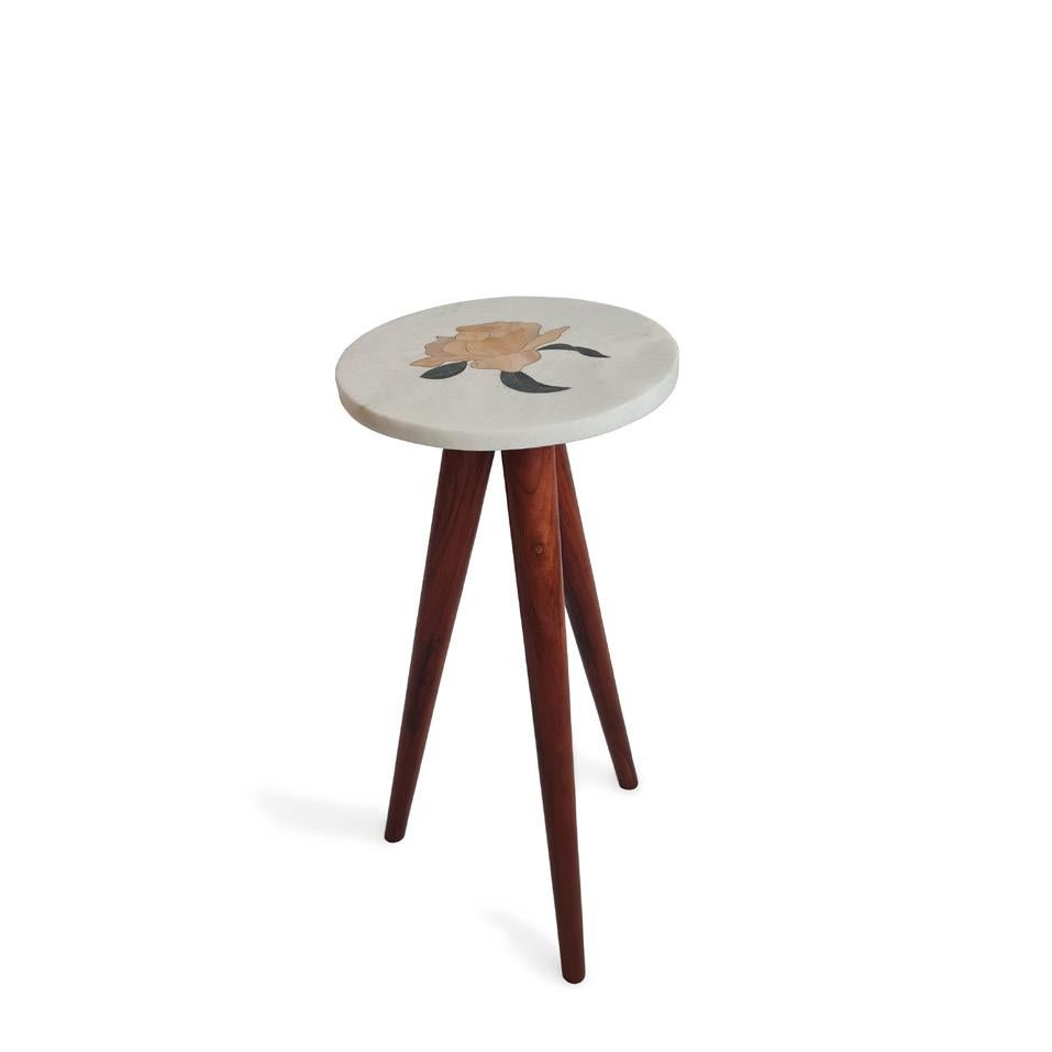 Rose accent table by Studio Lel
Dimensions: W 30.5 x D 30.5 x H 76 cm
Materials: wood, marble.

These are handmade from semiprecious stone and marble in a small artisanal workshop. Please note that variations and slight imperfections are part of