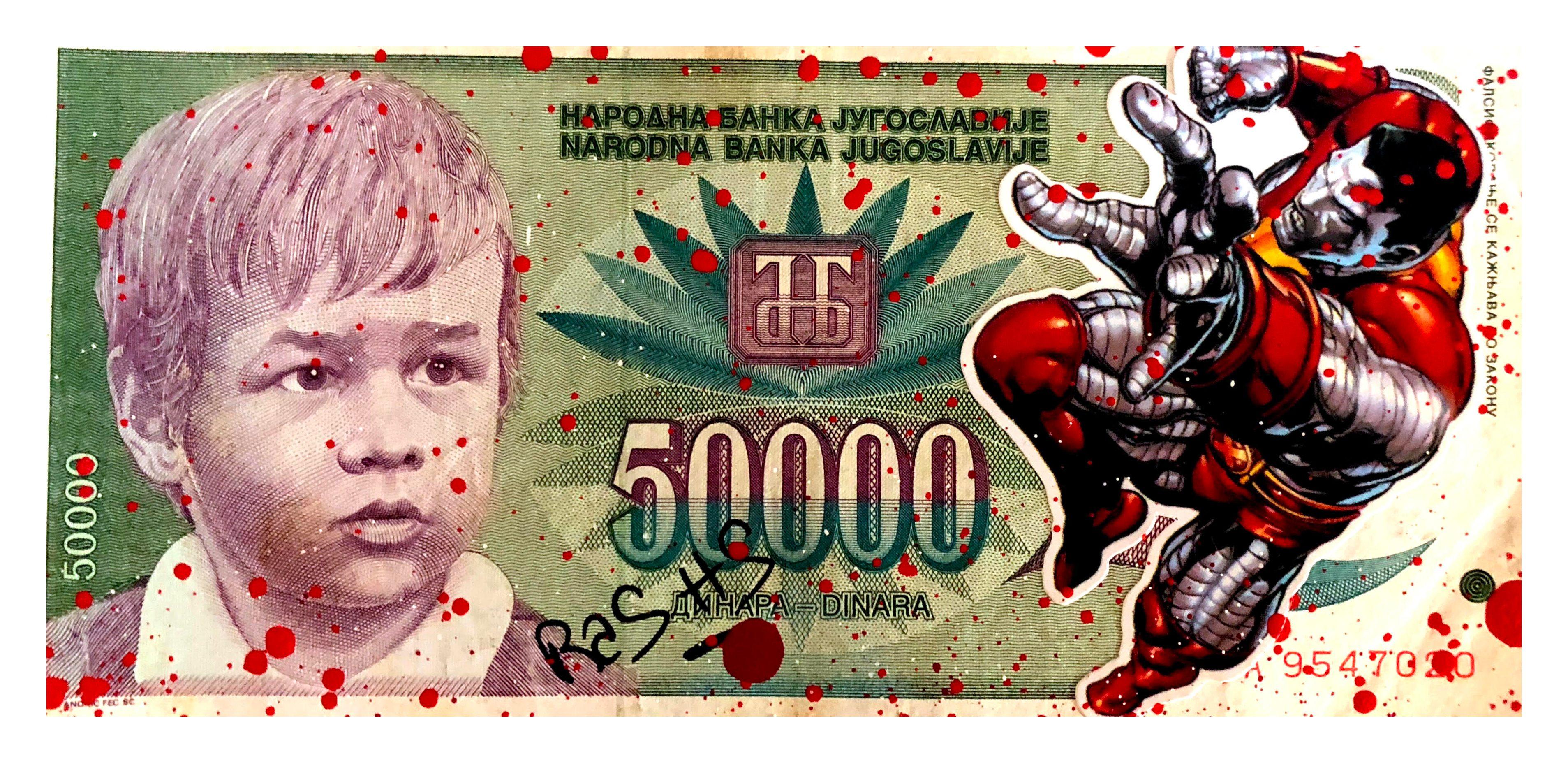 2018
Technique mixte 
Authentique billet de banque yougoslave de 50000 Dinara - 1992
Tigre du Mont Everest, Monastère de Thyangbosh
14 X 7 cm
Envoi soigné, avec certificat de l'artiste