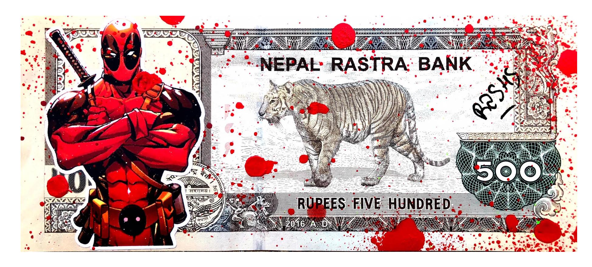 2018
Mixed Media 
Authentic Nepalese banknote of 500 rupees
Mount Everest Tiger, Thyangbosh Monastery
16 X 7 cm
Neat sending, with certificate from the artist