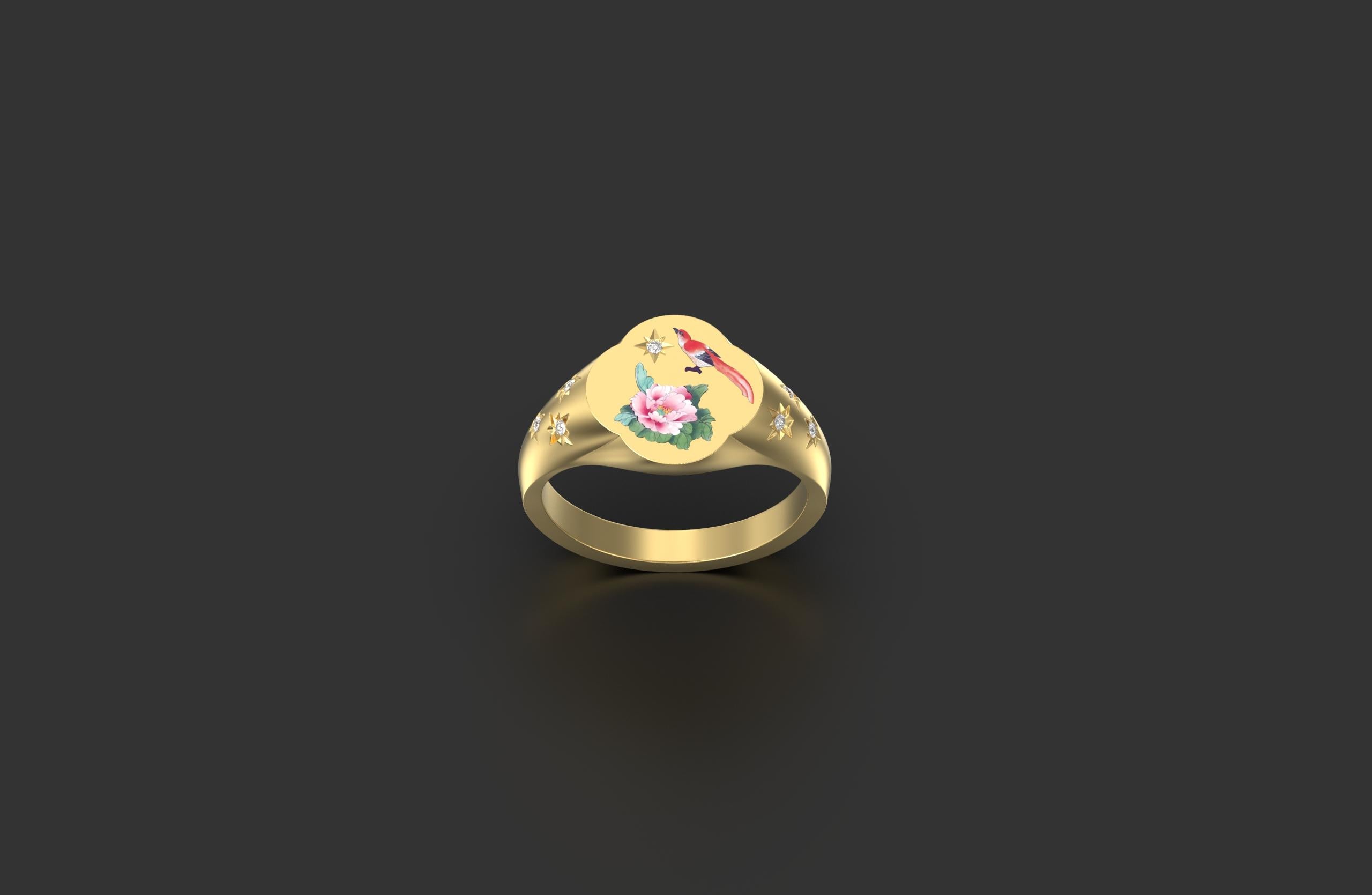Inspired by ancient Chinese painting, this hand-painted rose and bird ring are artistic and cheerful.

 

Enamel painting, complimented by seven star set diamonds. 18kt yellow gold.

 

Ring face size: 11x11

 

This item is made-to-order and