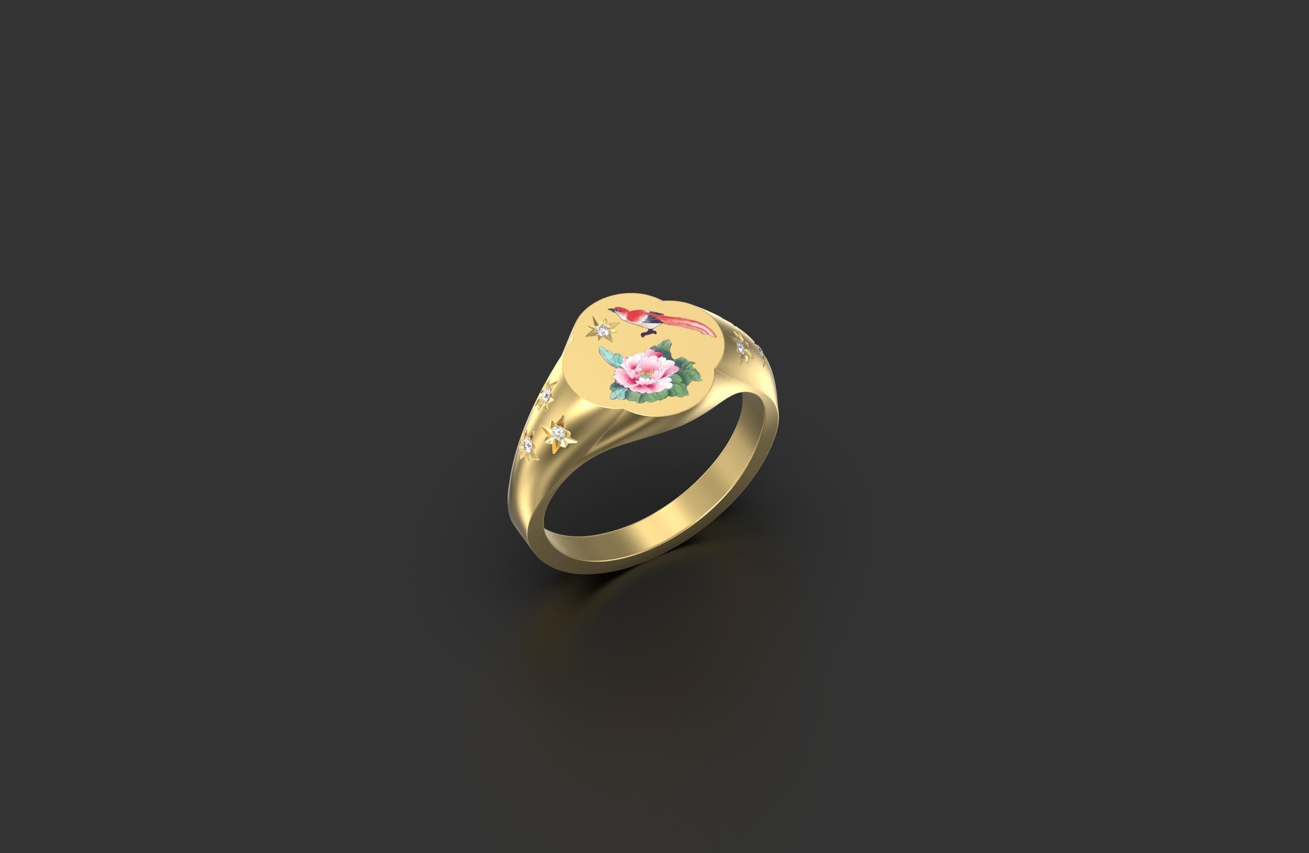 Brilliant Cut Rose and Bird Ring, 18K Yellow Gold with Diamonds For Sale