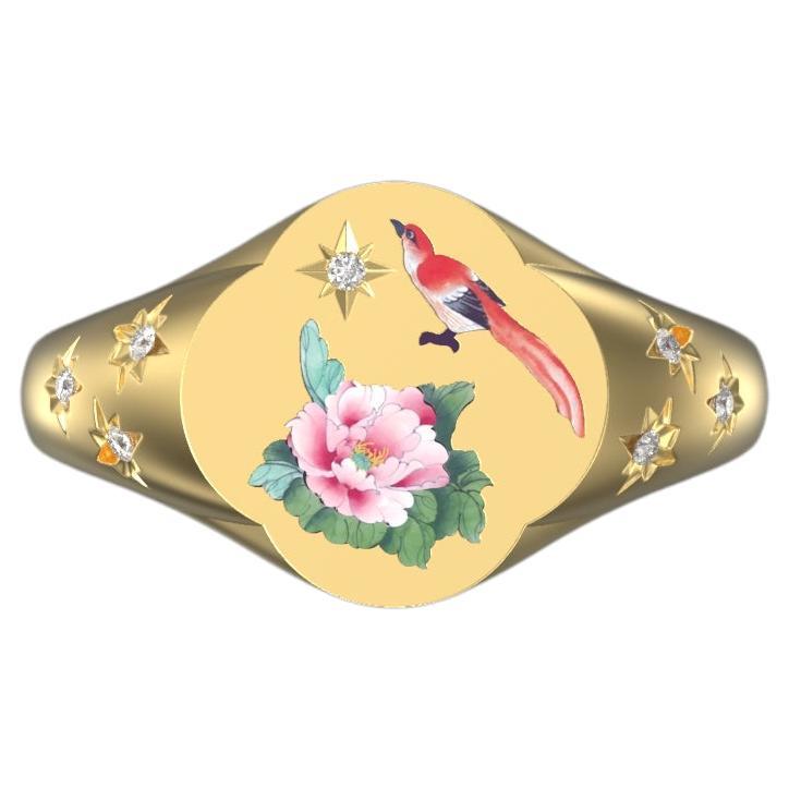 Rose and Bird Ring, 18K Yellow Gold with Diamonds For Sale