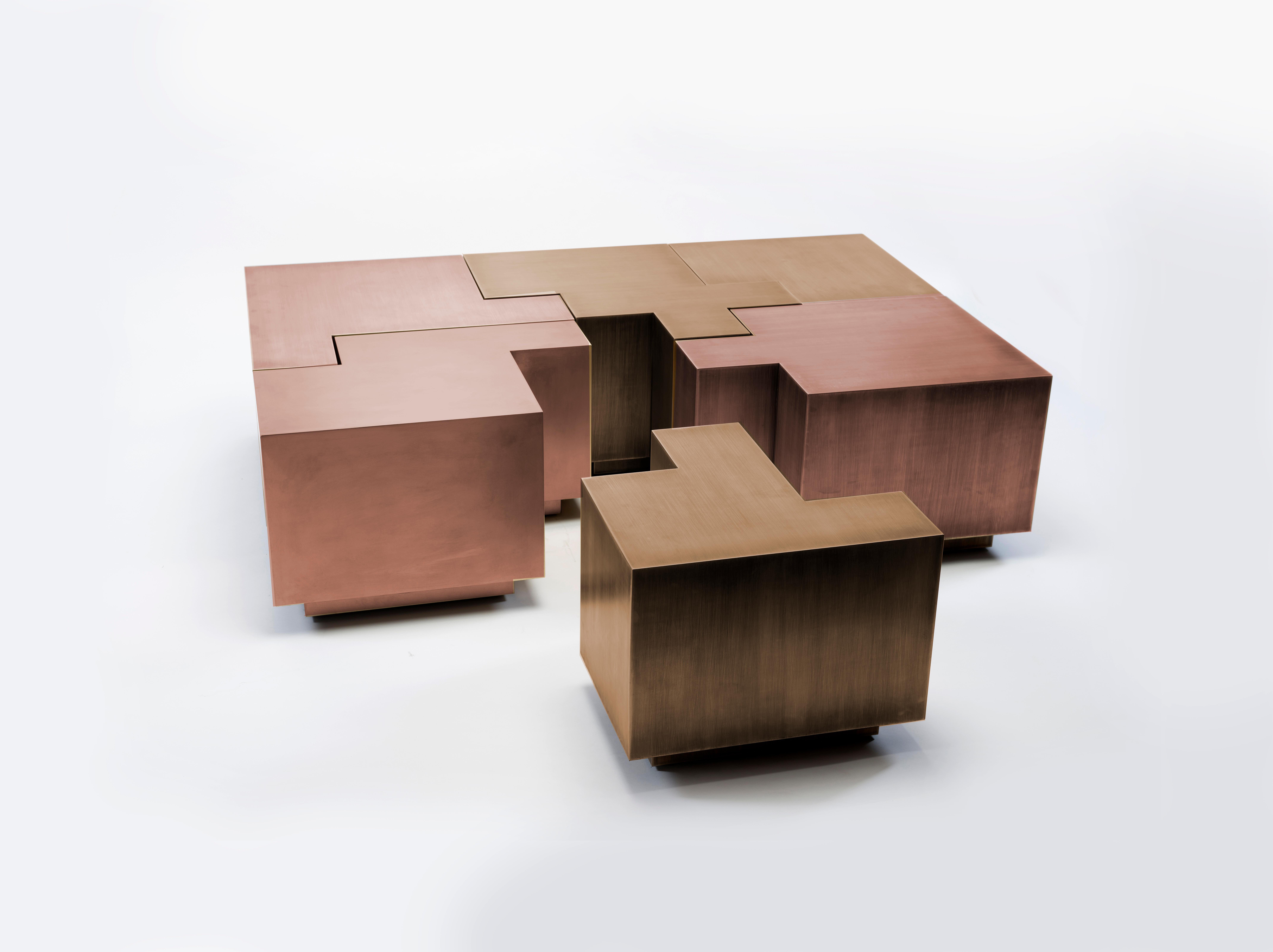 Rose and brass puzzle table, 2023
Burnished and rose brass
Measures: 36 x 54 x 14 in 
Edition of 10

Icelandic-born Gulla Jónsdóttir creates unexpected and poetic modern architecture and interior spaces
in addition to sculptural furniture