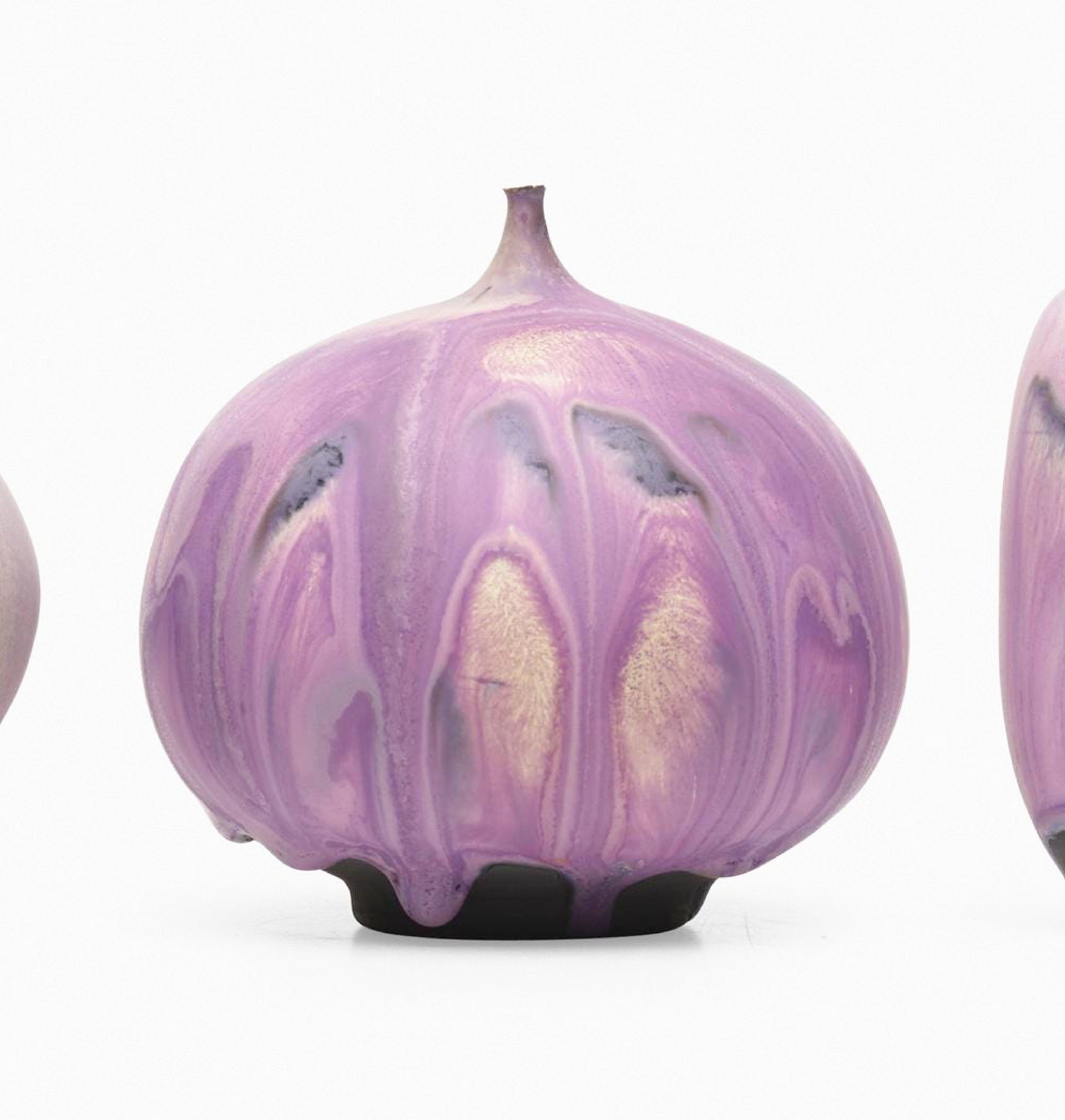 Mid-Century Modern Rose and Erni Cabat Glazed Porcelain Feelie Vase Set of 3, Pink, Cream Ceramic