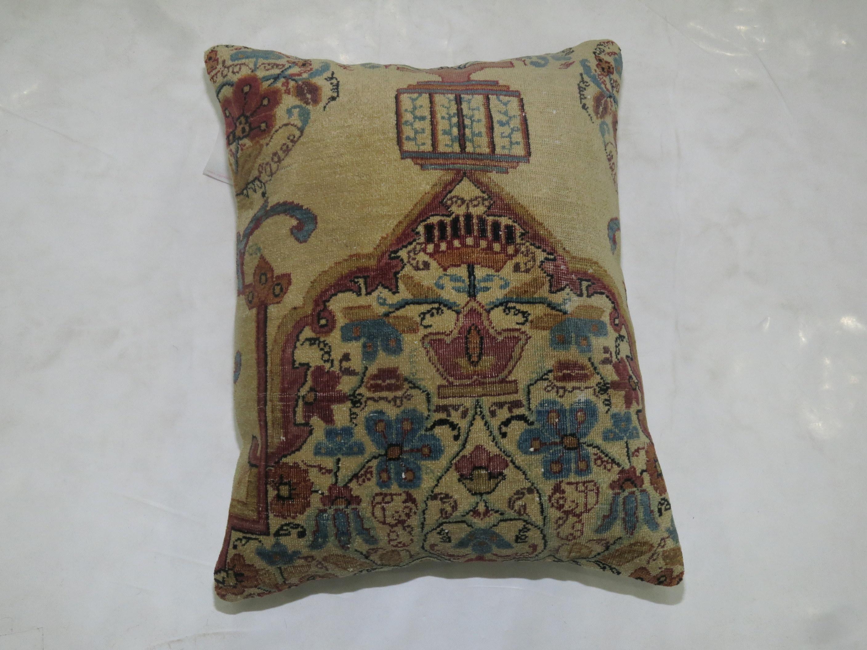Pillow made from a 19th century Persian Kerman rug. Fill insert and zipper closure provided

Measures: 15