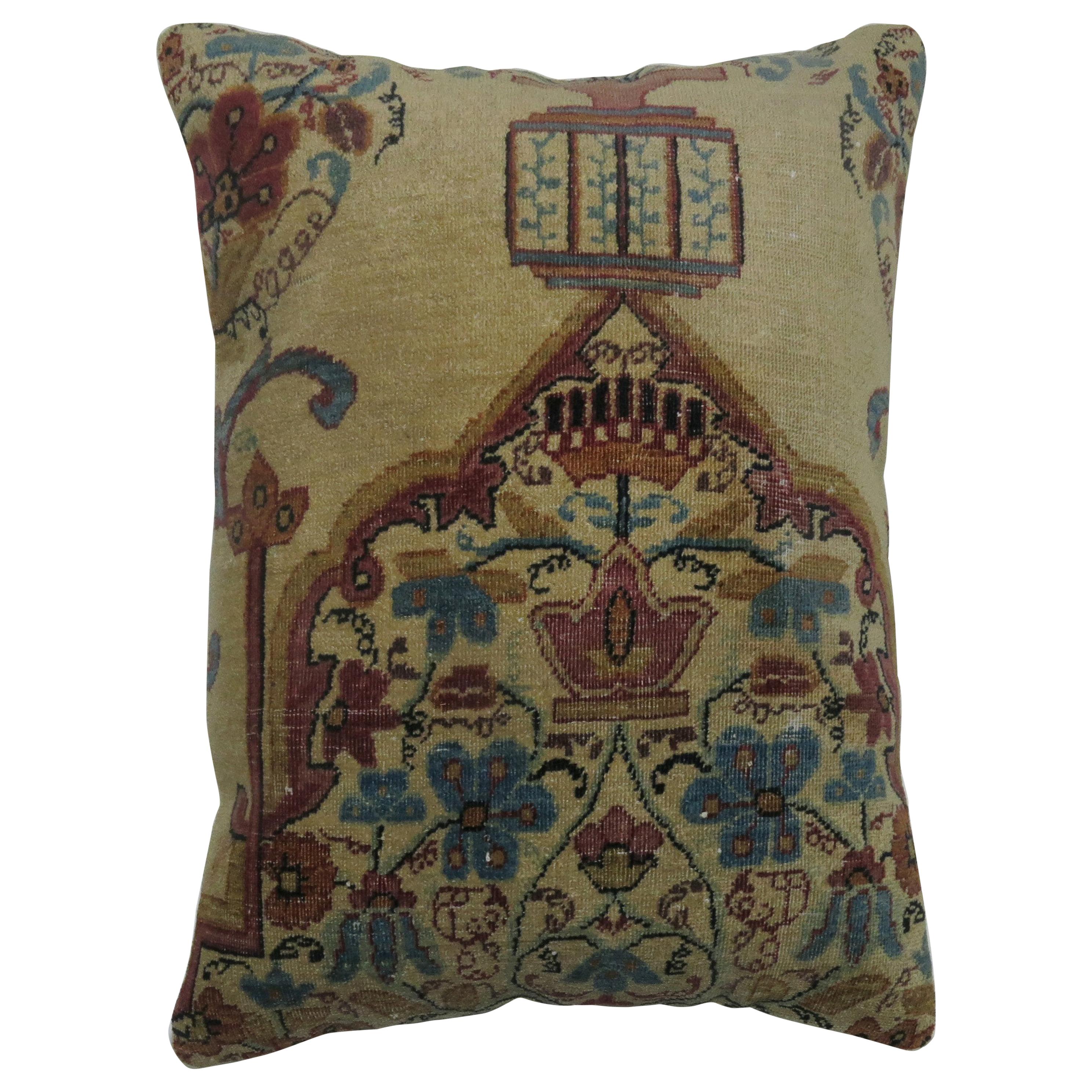 Rose and Khaki Persian Kerman Rug Pillow For Sale