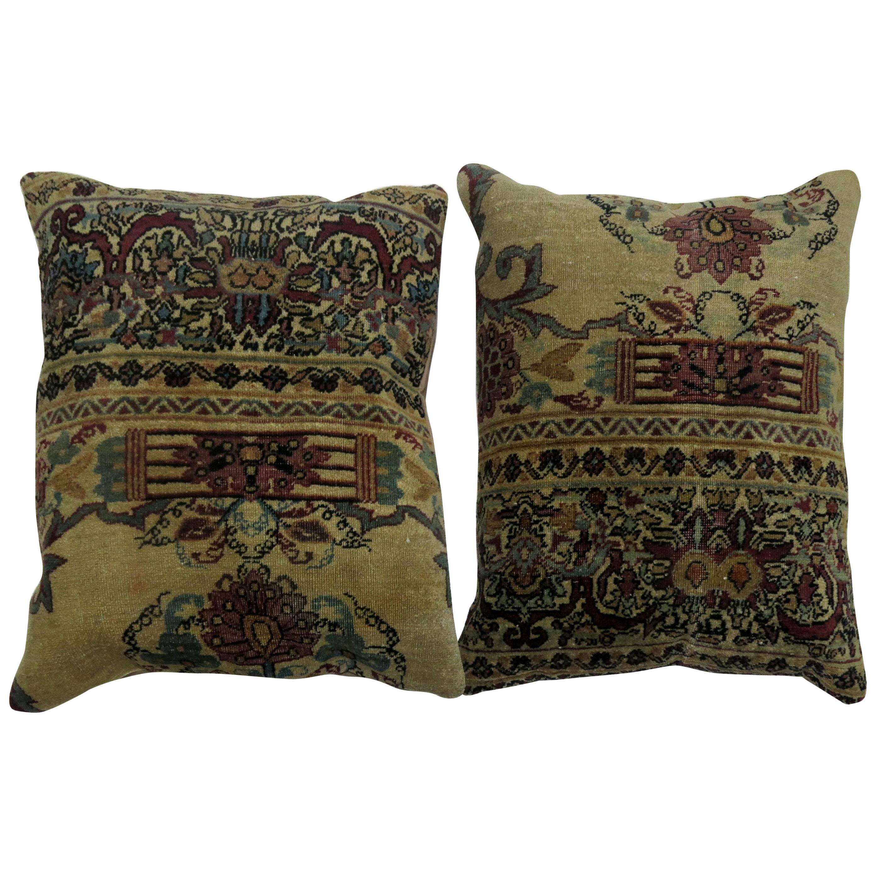 Rose and Khaki Persian Kerman Rug Pillows For Sale