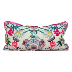 Rose and Neutral Printed Floral Lumbar Pillows w Pink Flange + Green Velvet Back