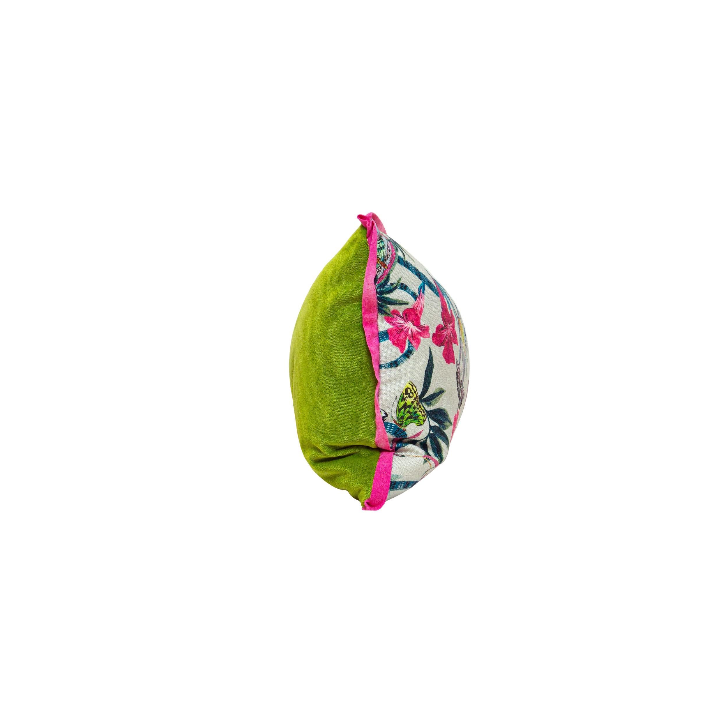 Modern Rose and Neutral Printed Floral Lumbar Pillows w Pink Flange + Green Velvet Back For Sale