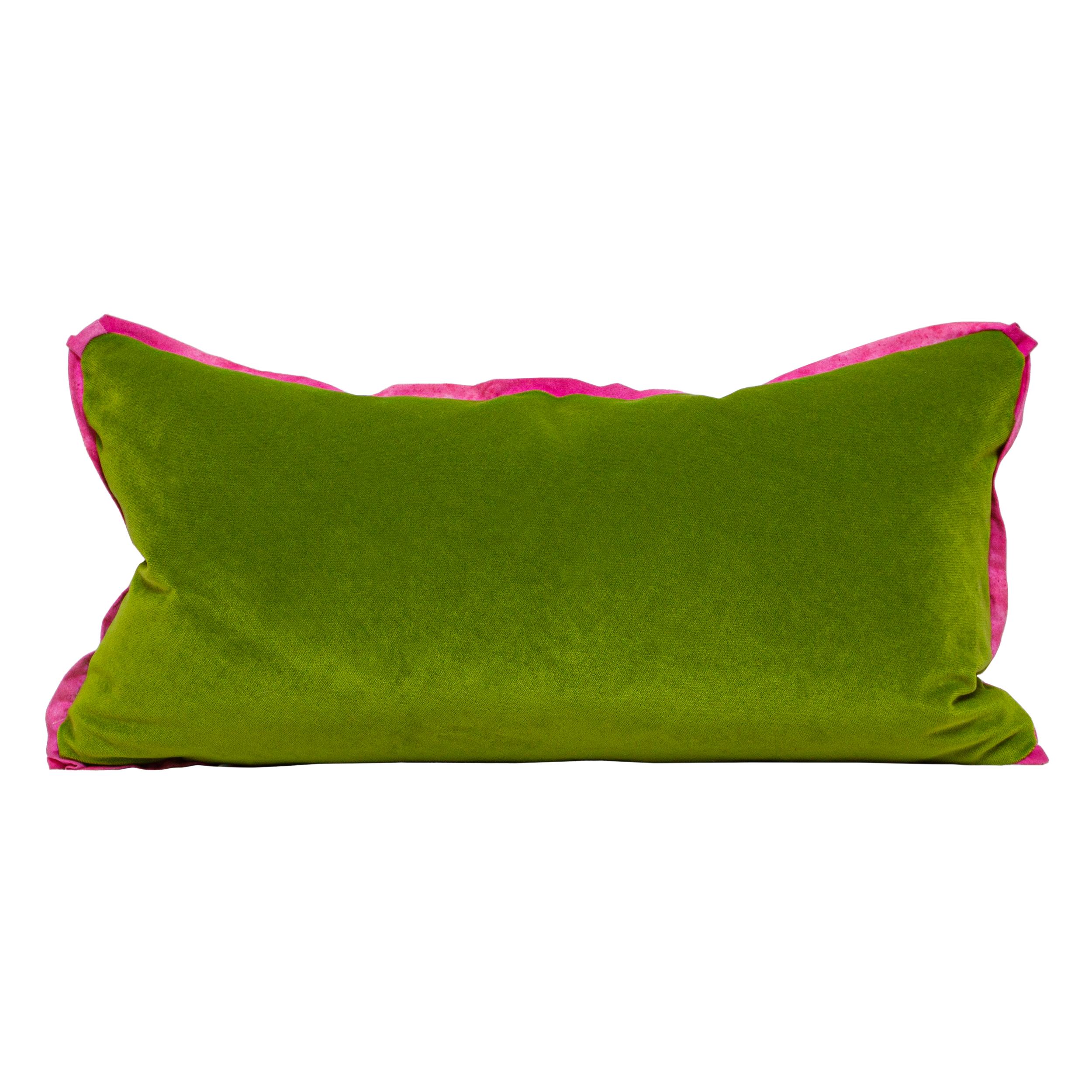 American Rose and Neutral Printed Floral Lumbar Pillows w Pink Flange + Green Velvet Back For Sale