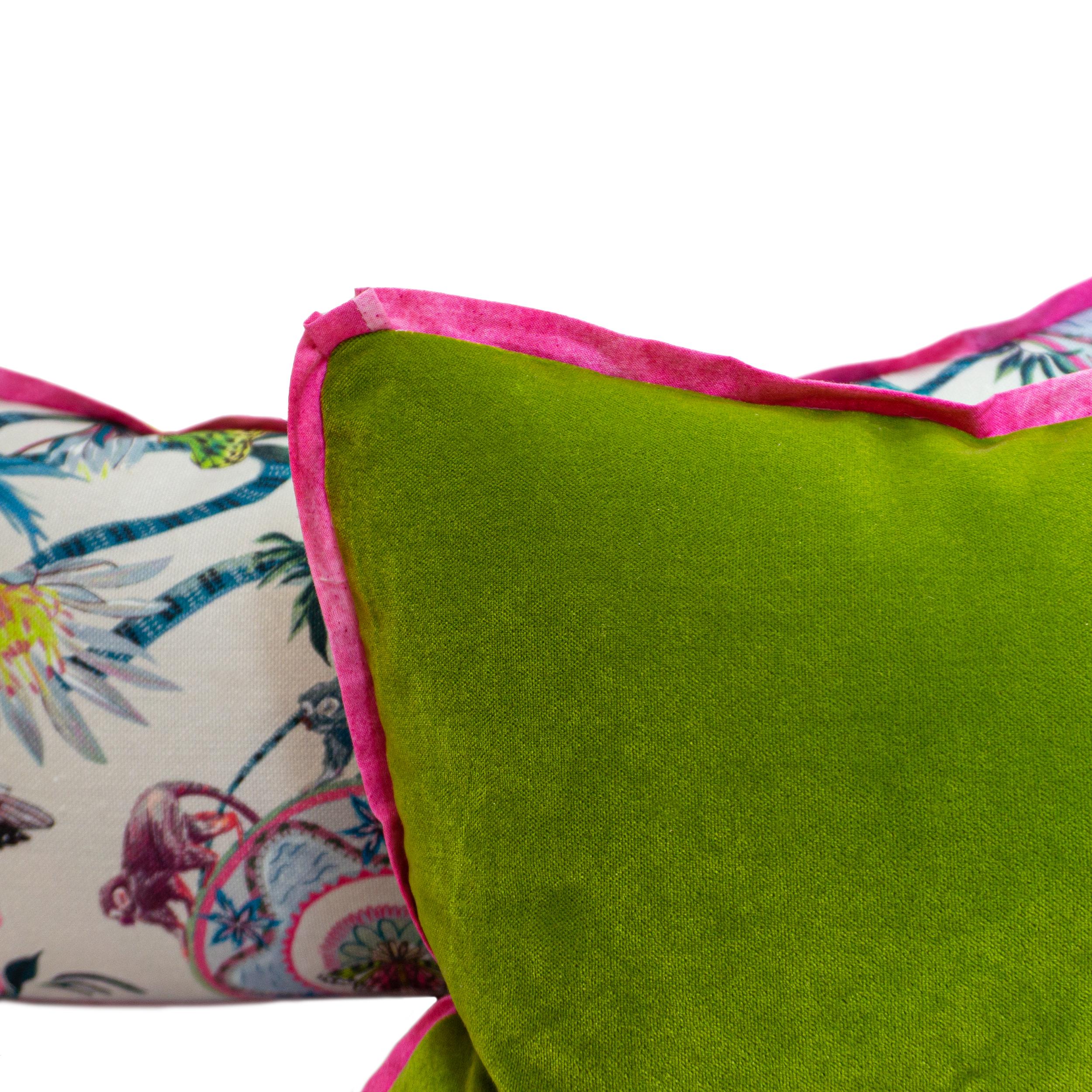 Contemporary Rose and Neutral Printed Floral Lumbar Pillows w Pink Flange + Green Velvet Back For Sale