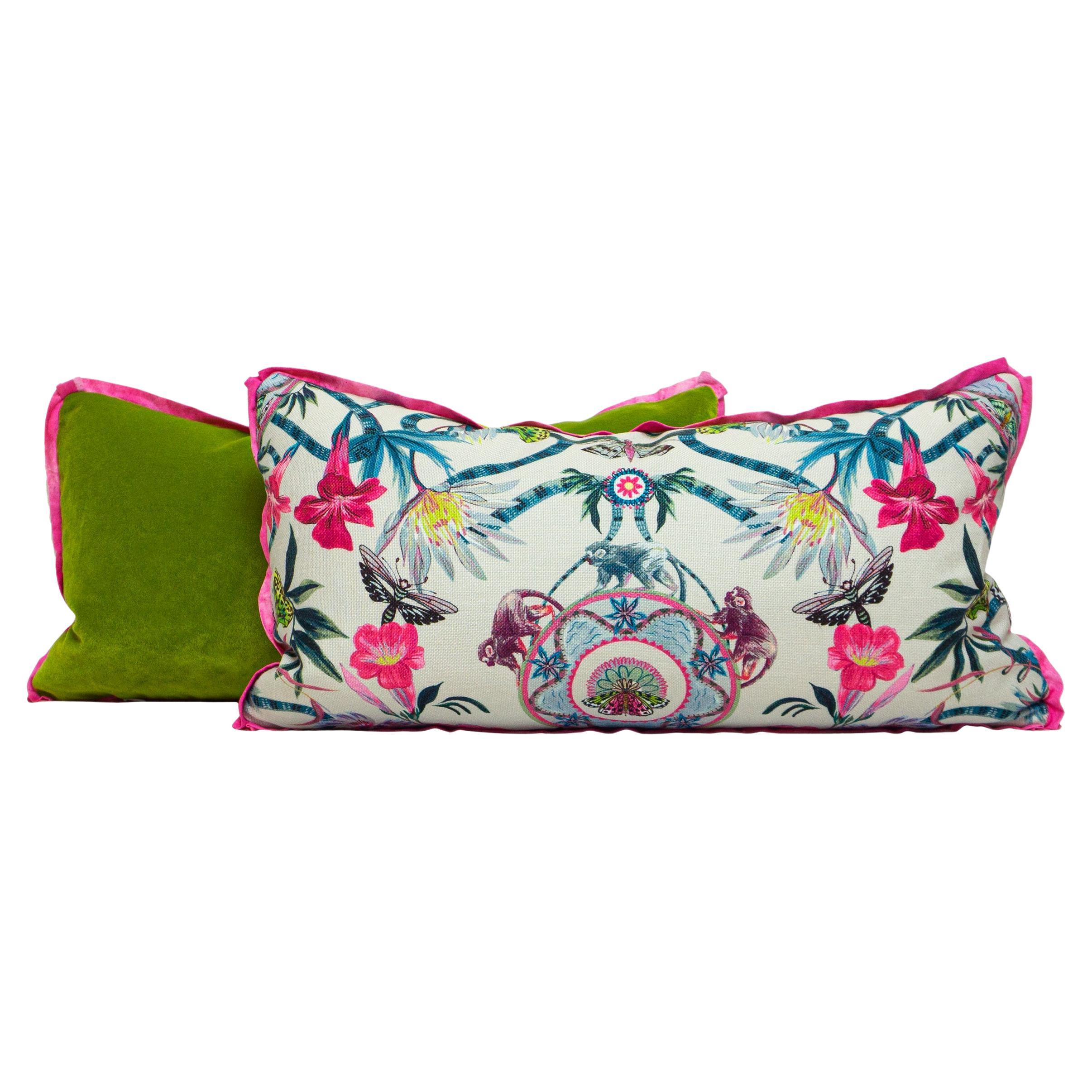 Rose and Neutral Printed Floral Lumbar Pillows w Pink Flange + Green Velvet Back For Sale