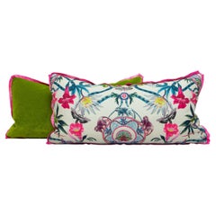 Rose and Neutral Printed Floral Lumbar Pillows w Pink Flange + Green Velvet Back