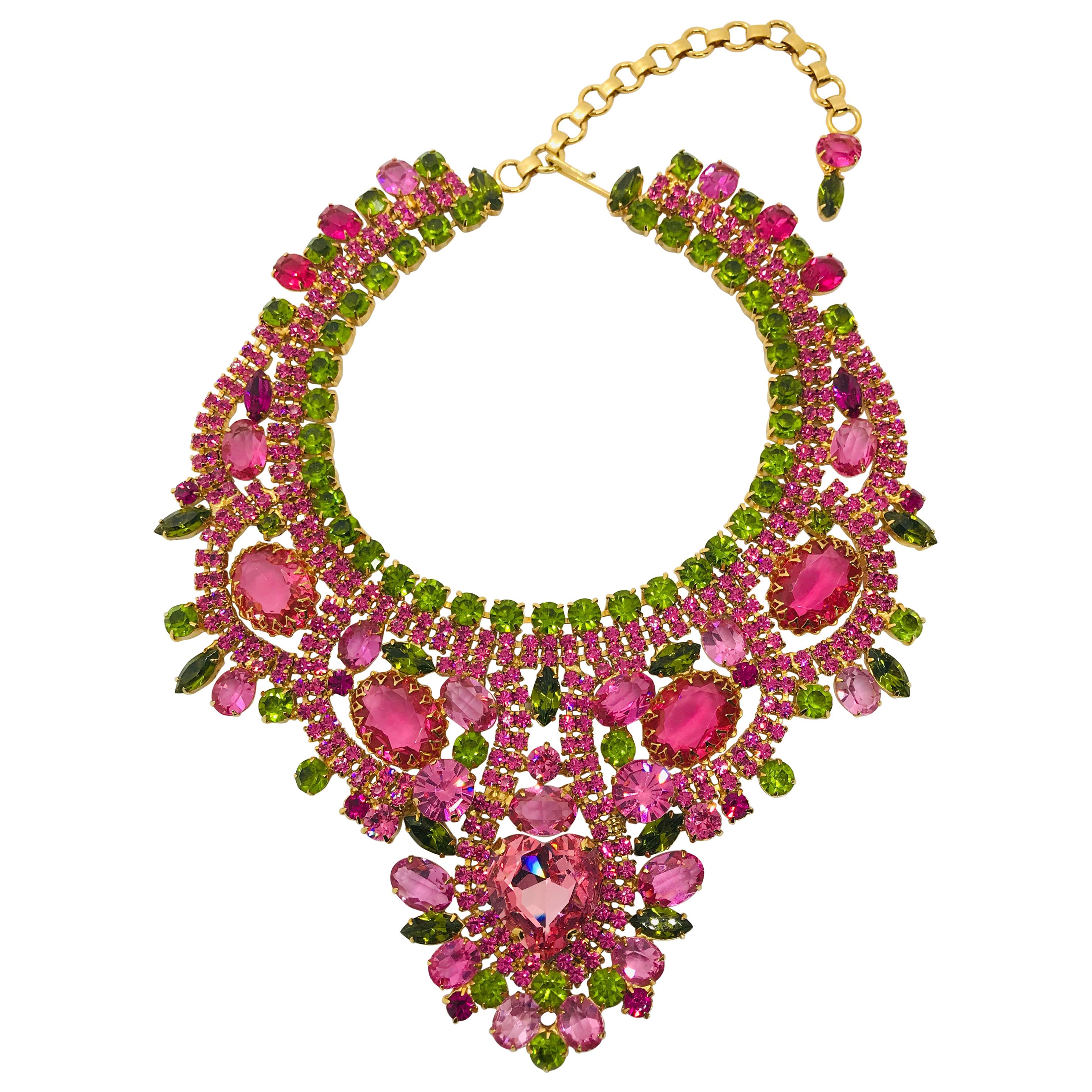 Rose and Olivine Vintage Swarovski Crystal Bib Necklace with Heart Center For Sale