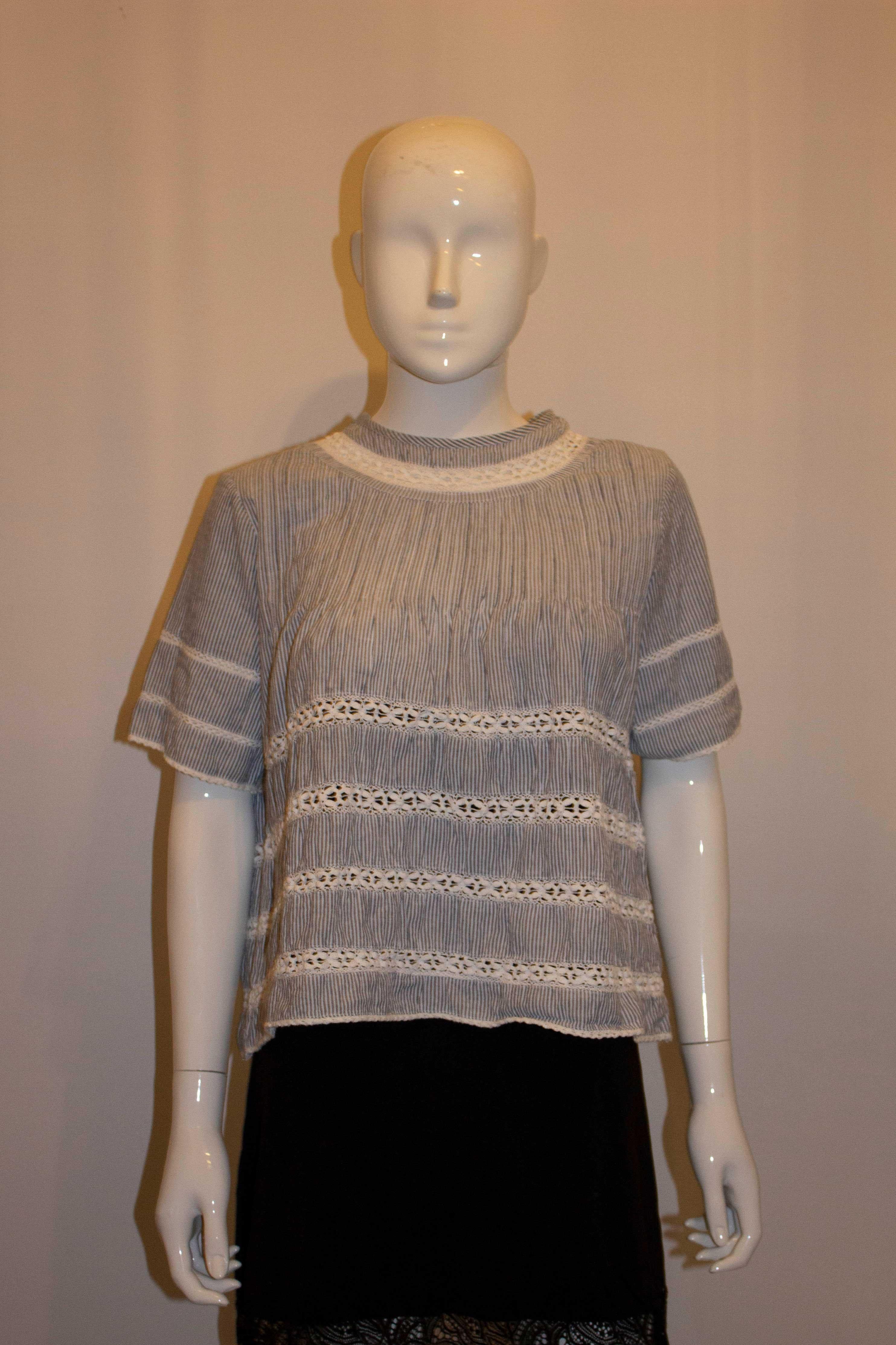 Brown Rose and Rose Blue and White Stripe Cotton Top with Lace Detail For Sale
