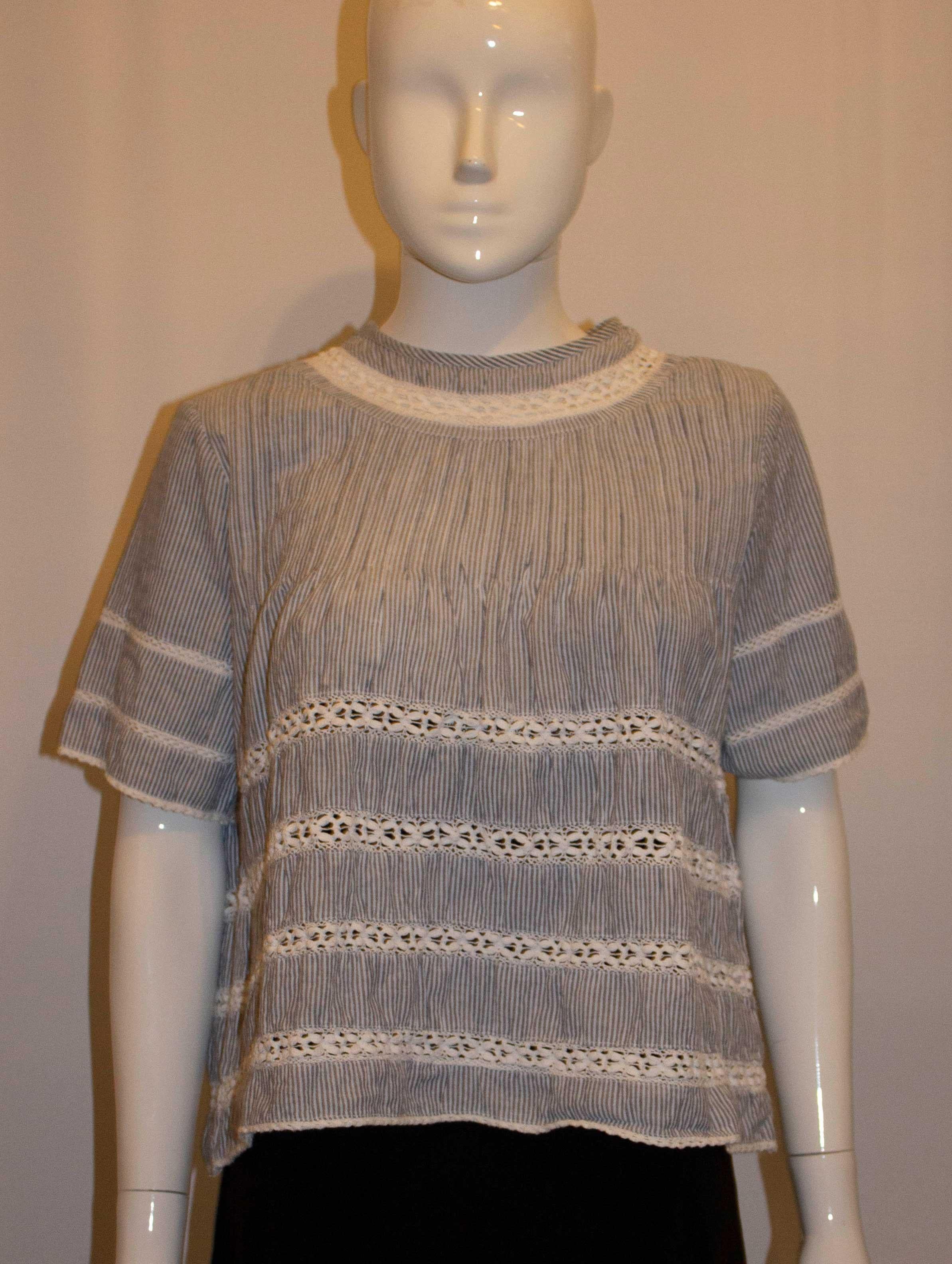 Rose and Rose Blue and White Stripe Cotton Top with Lace Detail In Good Condition For Sale In London, GB
