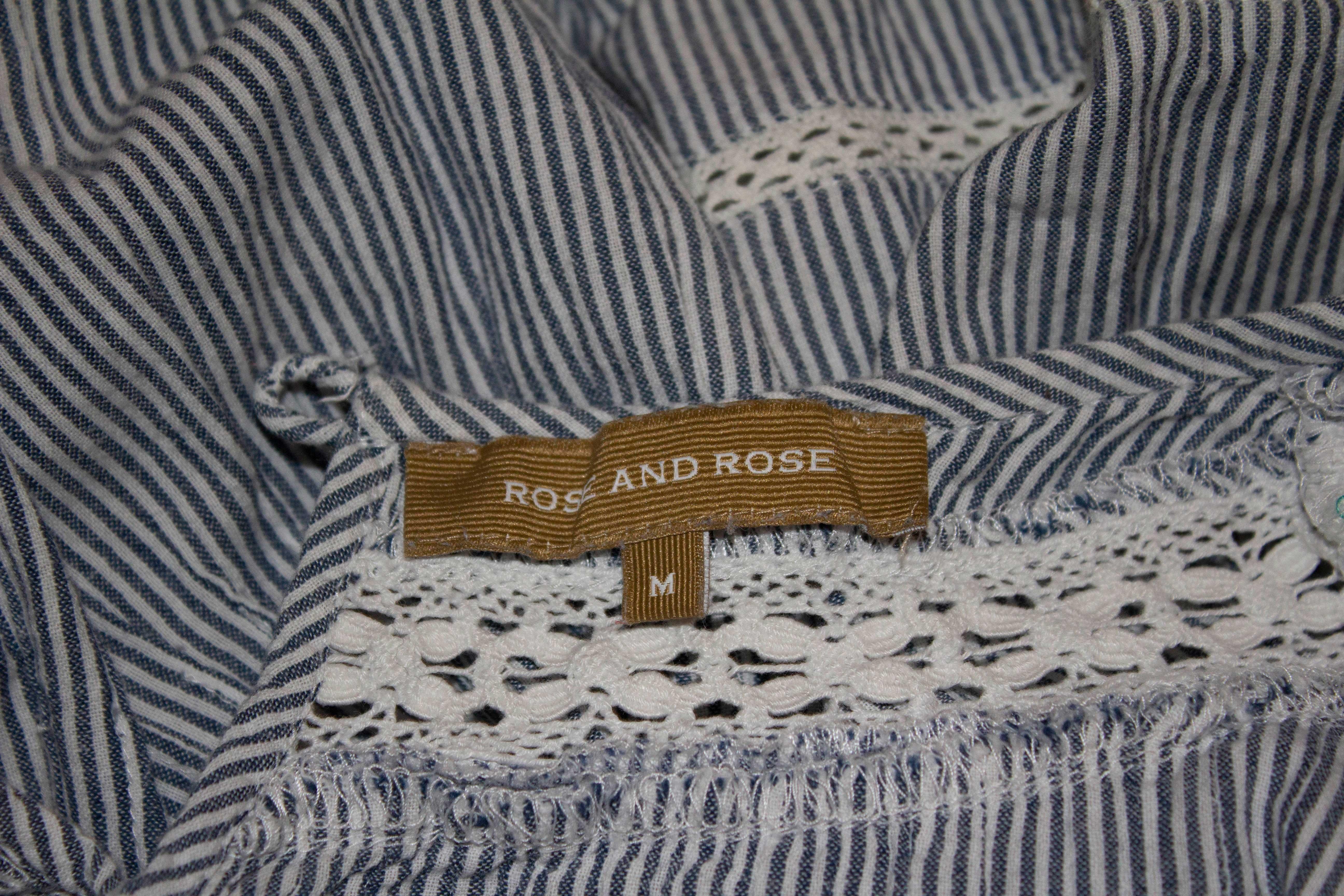 Women's Rose and Rose Blue and White Stripe Cotton Top with Lace Detail For Sale