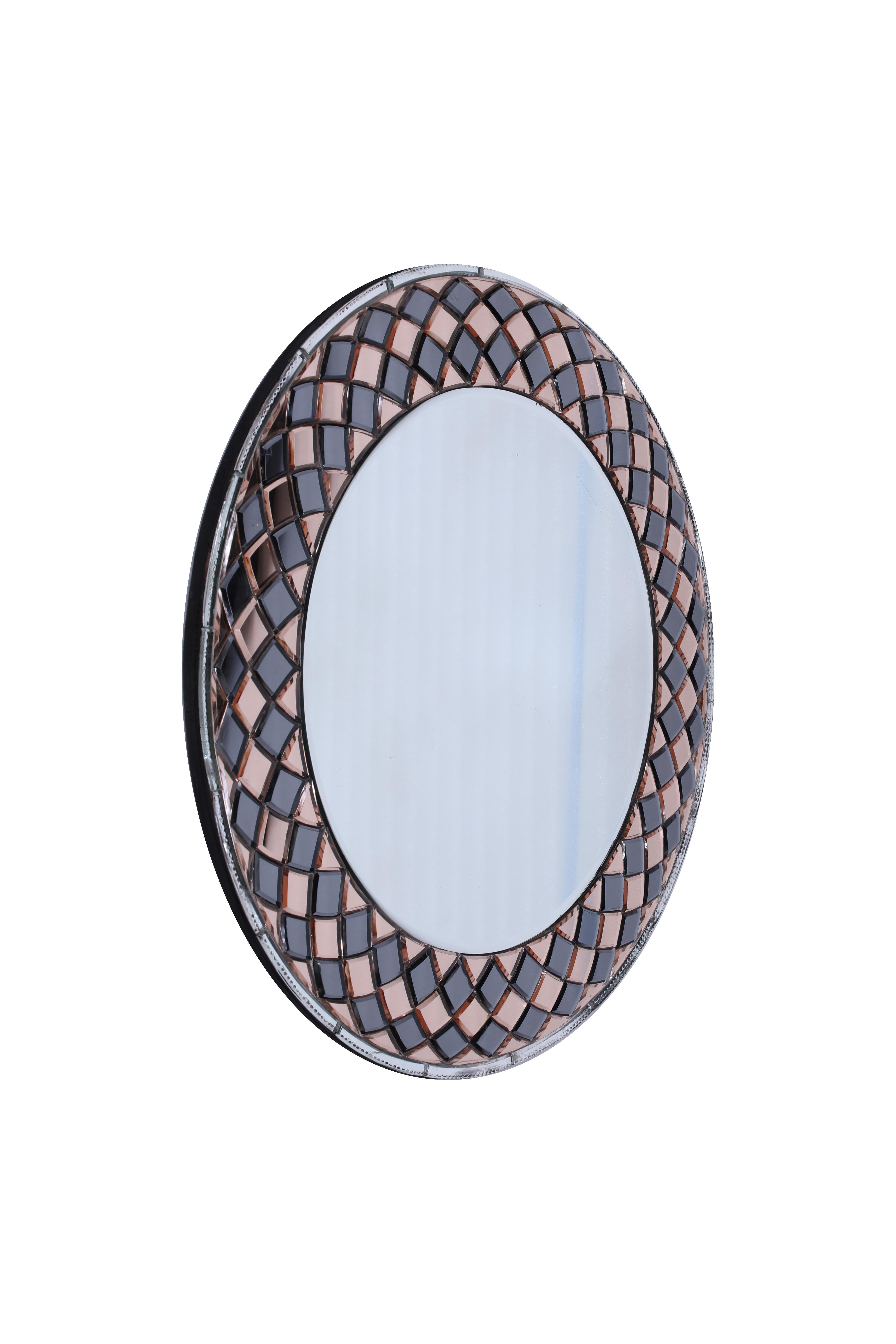 Rose and Smoked Glass Harlequin Design Round Mirror In Good Condition For Sale In Nantucket, MA