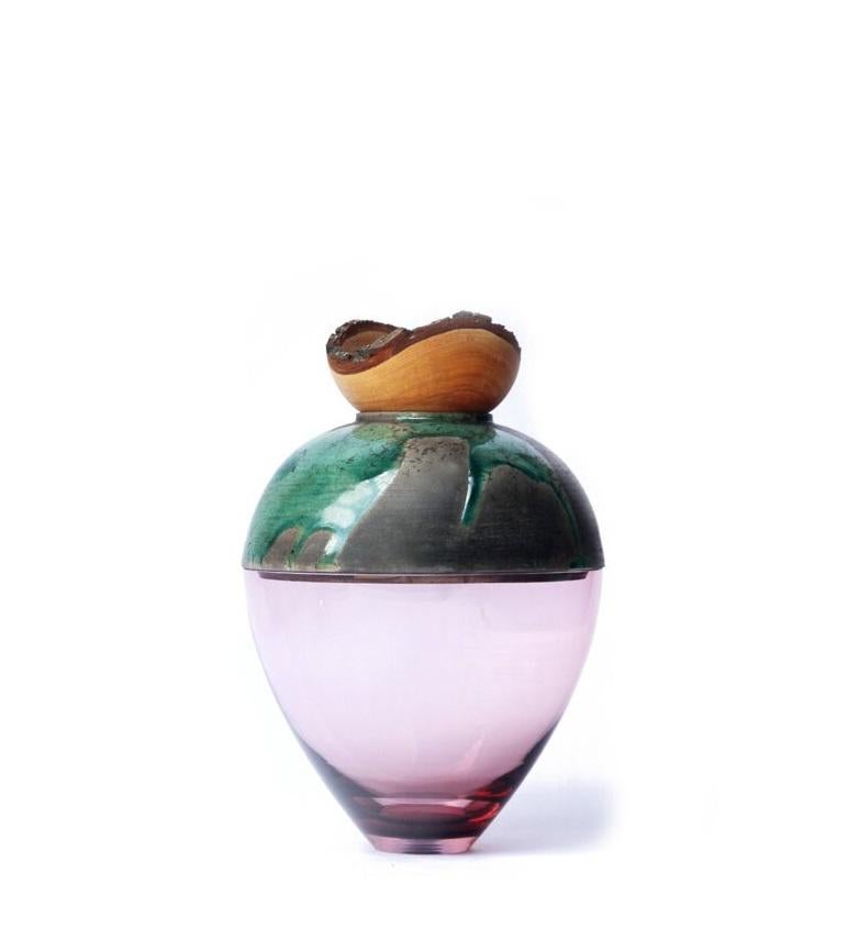Rose and Turquoise Butterfly stacking vessel, Pia Wüstenberg
Dimensions: D 20 x H 24
Materials: glass, wood, ceramic
Available in other colors.

A delicate piece with a mind of its own: beautiful patterns emerge from the glaze and the fire,