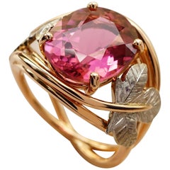 Rose and White 18 Karat Gold Pink Tourmaline Leaves Band Ring