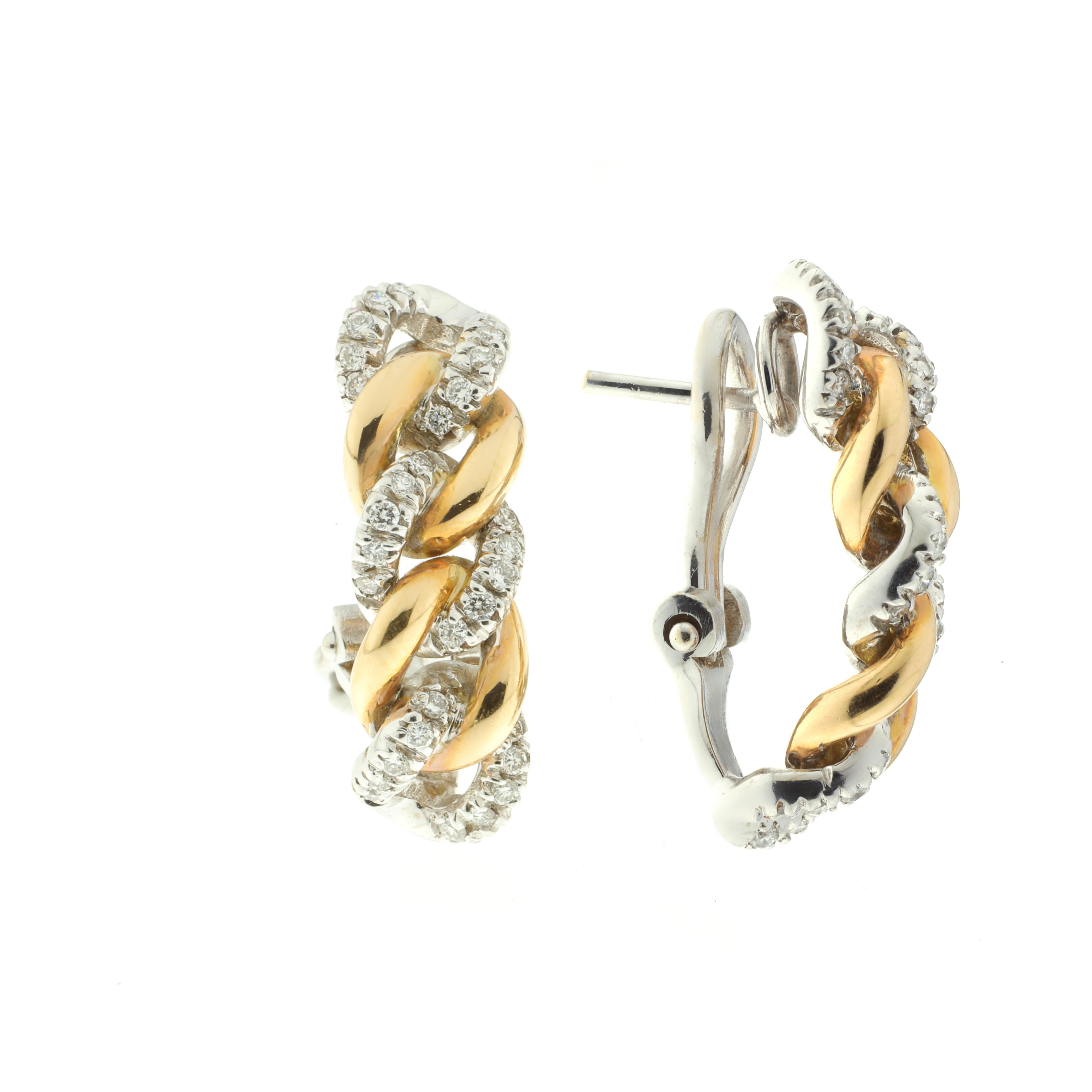 These earrings, masterfully created entirely by hand from 18-karat rose and white gold and set with brilliant white diamonds feature a sophisticated dropped curb-link design. Their gentle arc sets off the intricately-set diamonds in any light as