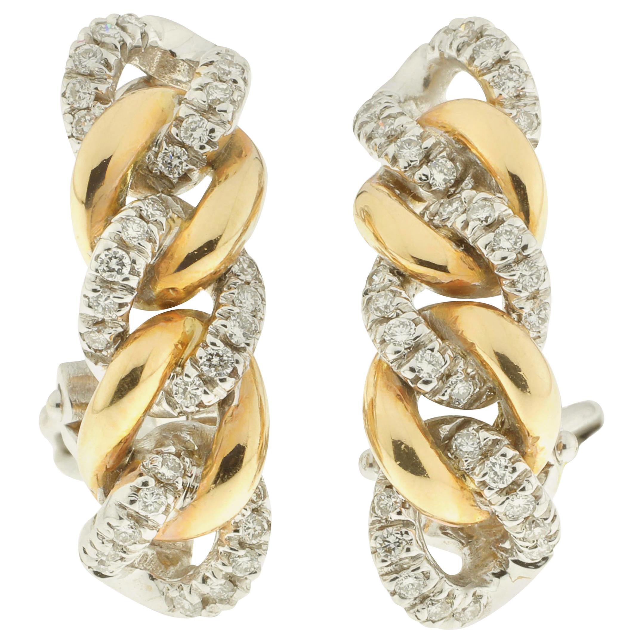 Contemporary Rose and White 18 Karat Diamond Gold Curb Link Earrings For Sale