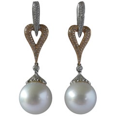 Rose and White Gold 18 Carat South Sea Pearl Drop Earrings