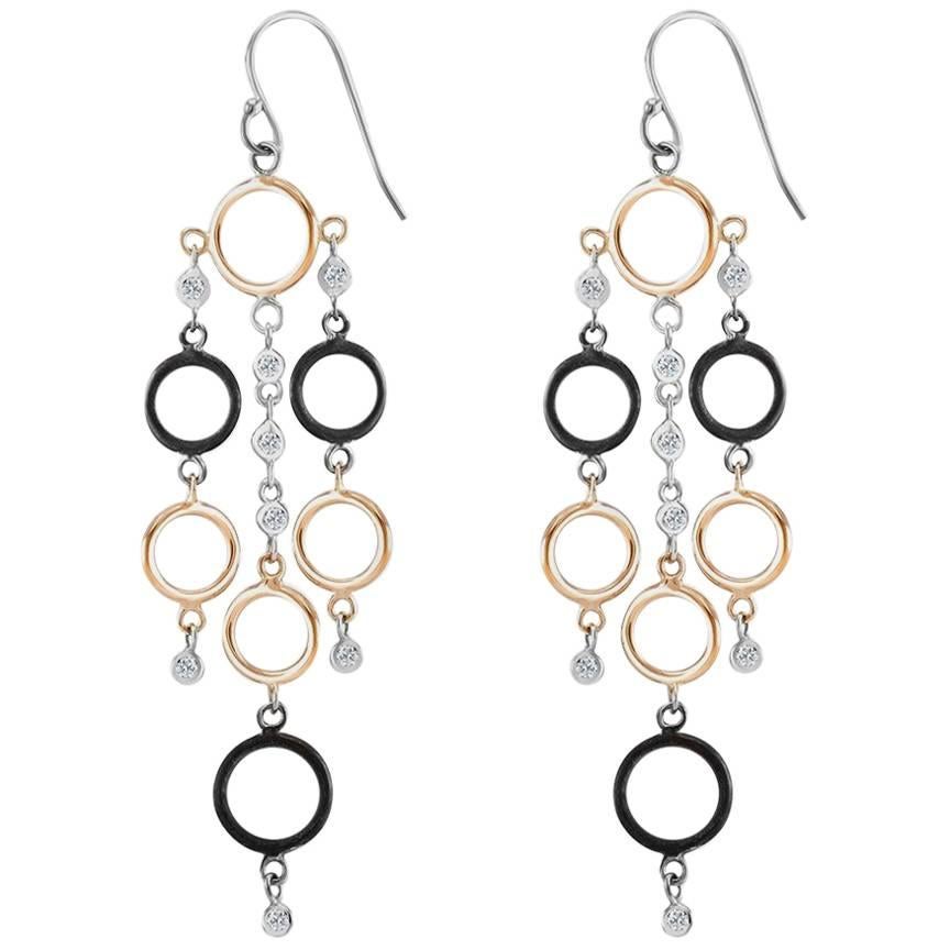 Rose and White Gold 3 Inch Hoop Diamond Earrings with Blacken Circles