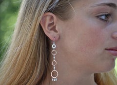 Rose and White Gold Diamond Circle Hoop Dangle Earrings 3.25 Inches Length