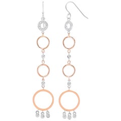 Rose and White Gold Diamond Circle Hoop Dangle Earrings 3.25 Inches Length