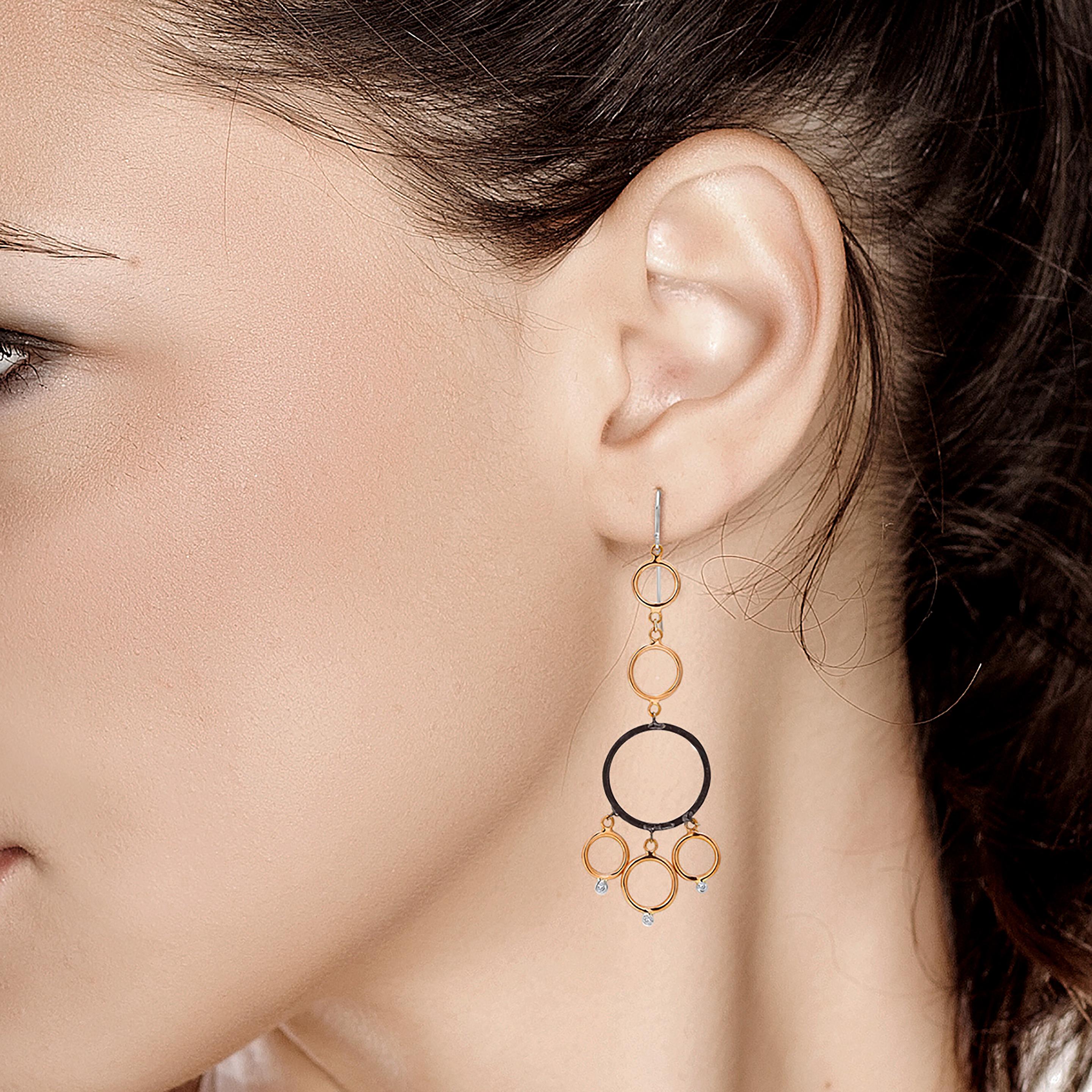 Round Cut Rose and White Gold Hoop Diamond Earrings with Blacken Silver Circles