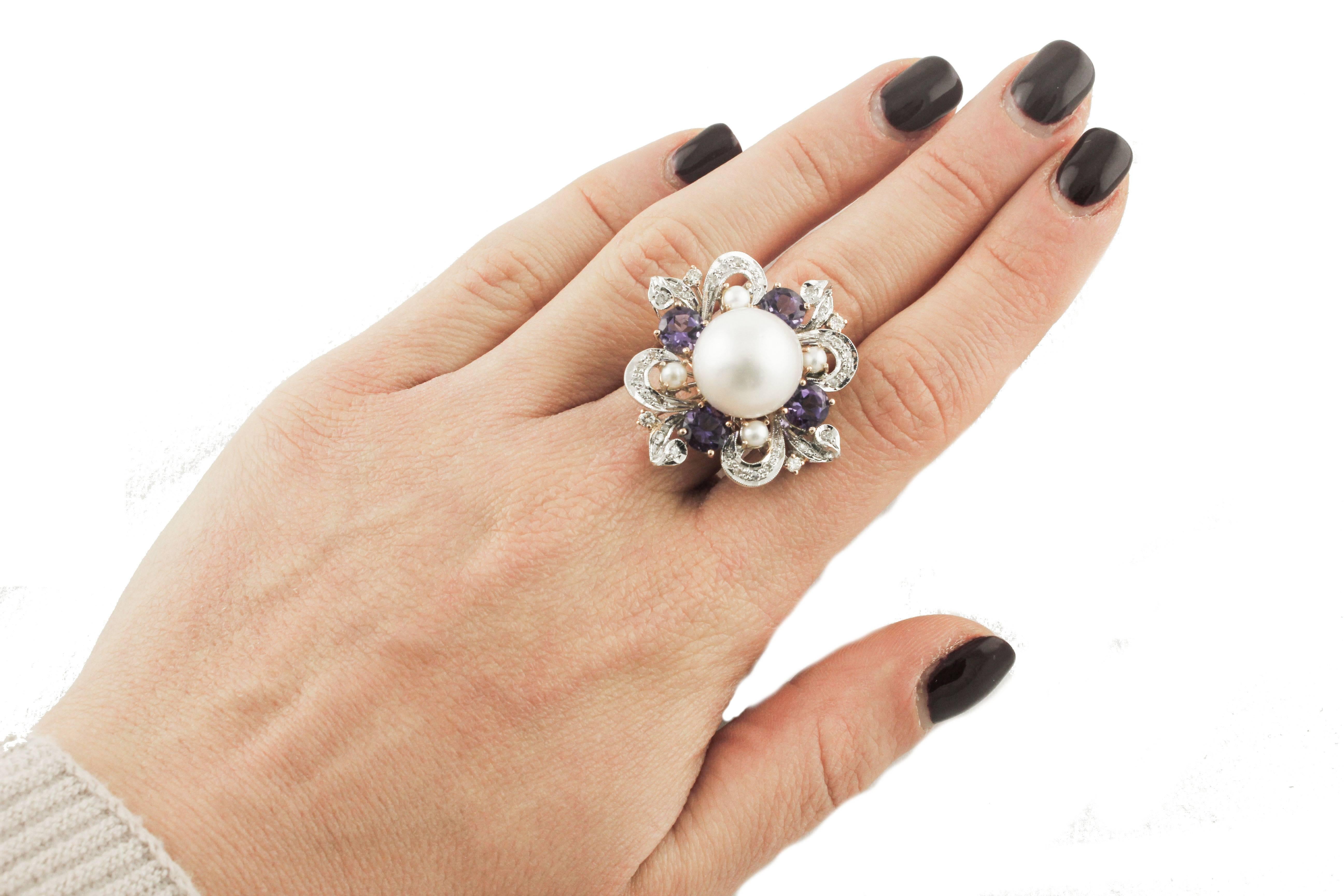 Mixed Cut Diamonds Amethyst Pearl Rose White Gold Ring  For Sale