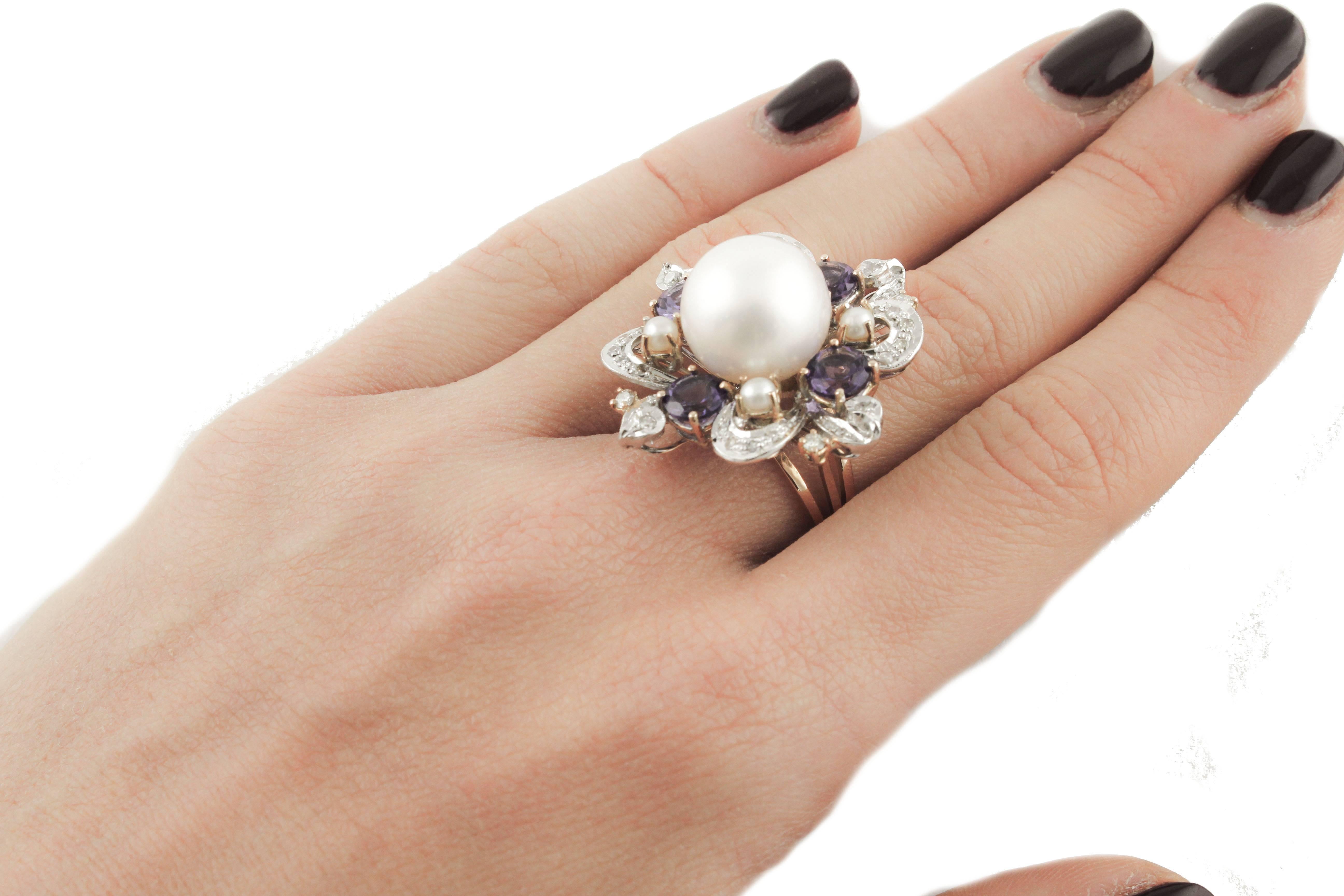 Diamonds Amethyst Pearl Rose White Gold Ring In Good Condition For Sale In Marcianise, Marcianise (CE)
