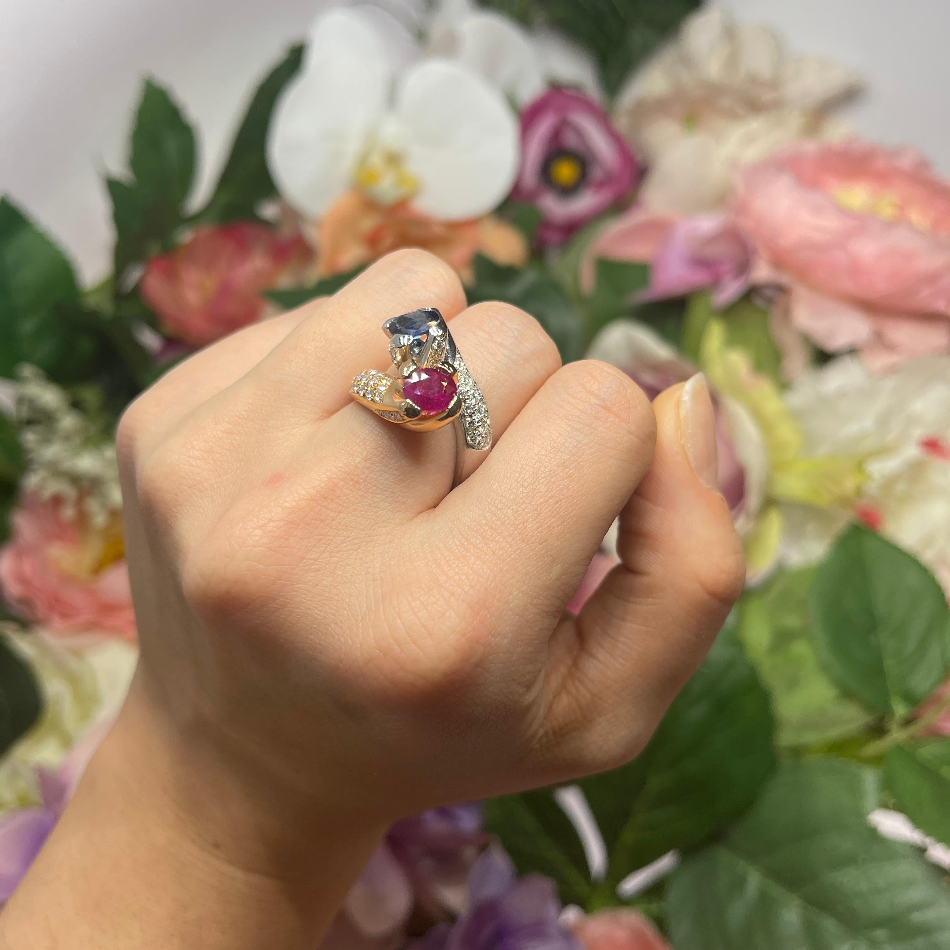 Rose and White Gold Ring with Sapphire, Ruby, and Diamonds For Sale 2