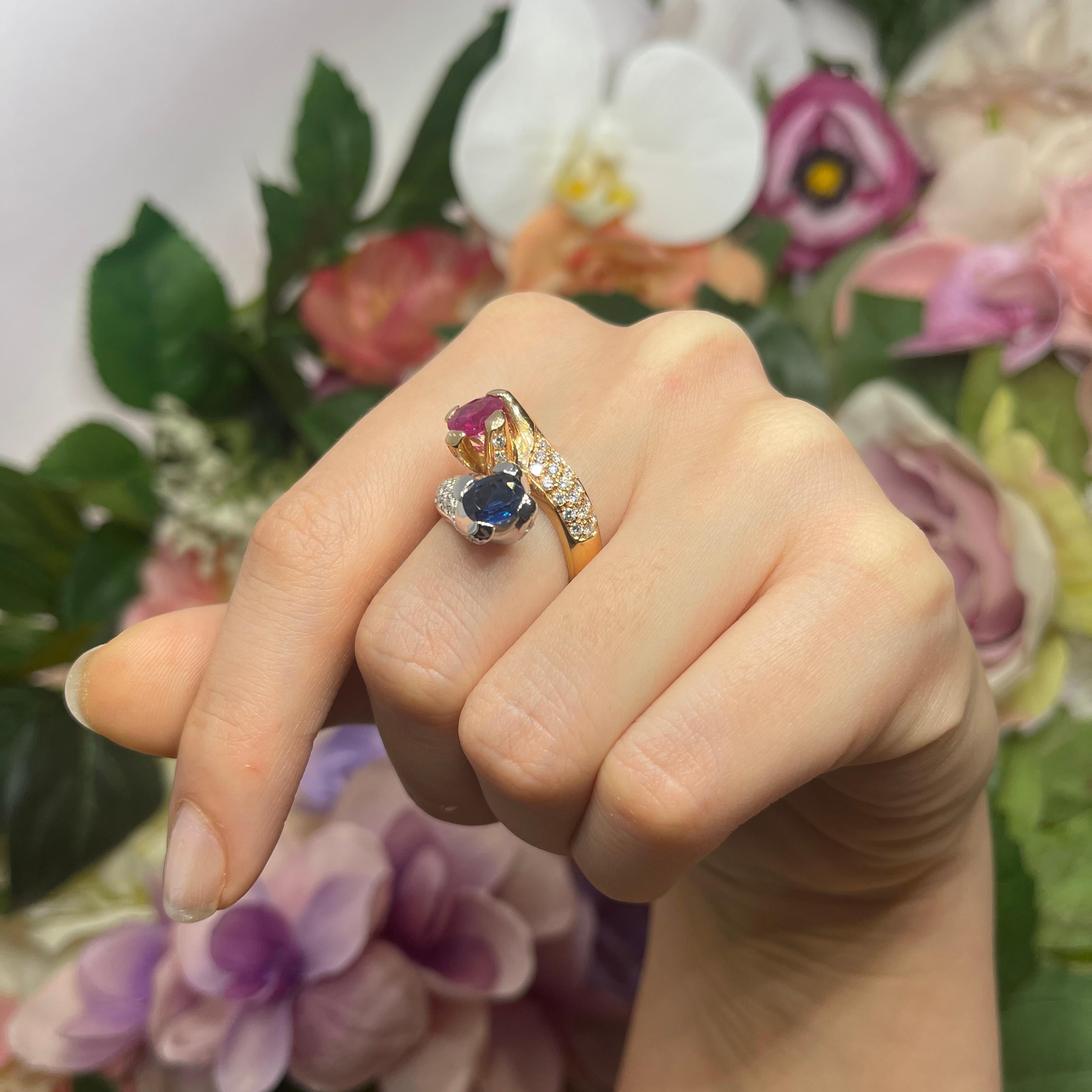 Rose and White Gold Ring with Sapphire, Ruby, and Diamonds For Sale 3