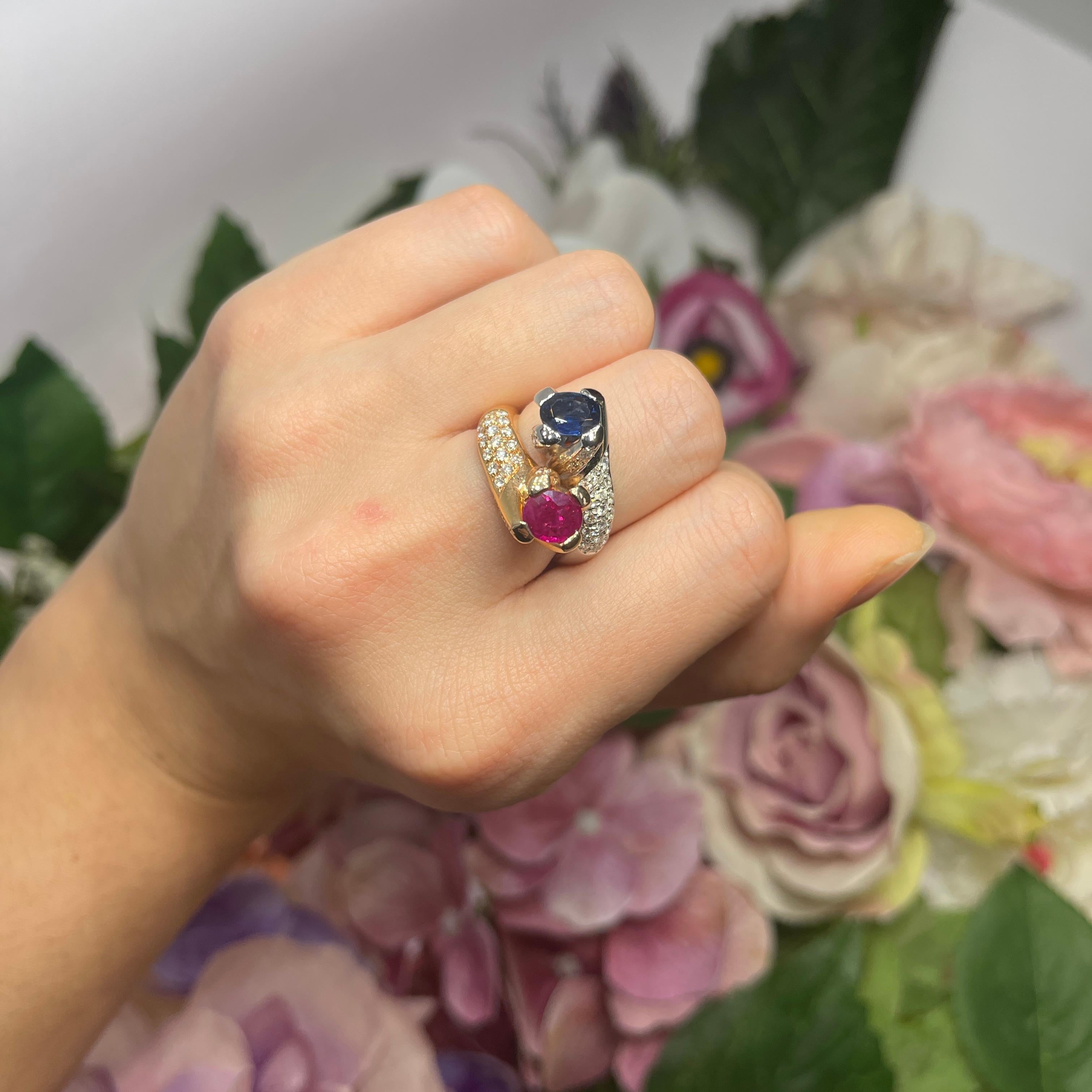 Rose and White Gold Ring with Sapphire, Ruby, and Diamonds For Sale 4