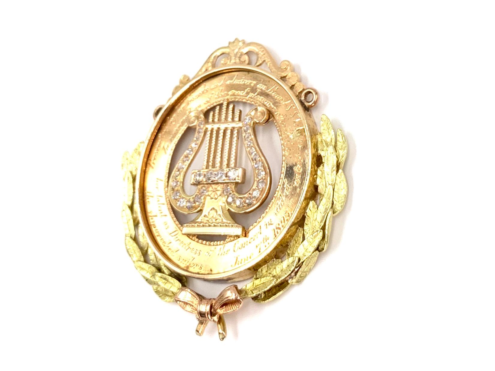 Art Nouveau Rose and Yellow Gold Diamond Antique Musical Medallion Pendant