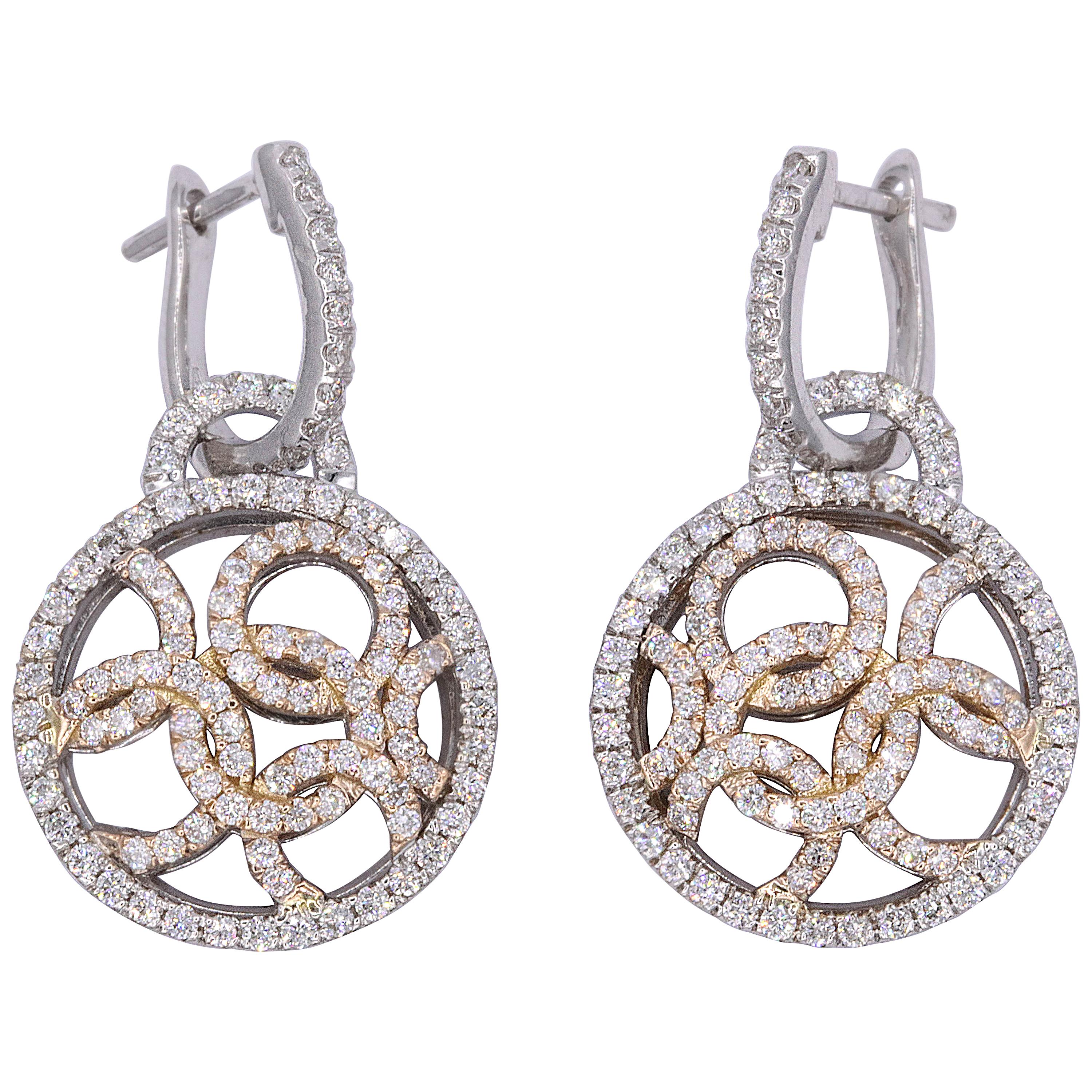 Boucles d'oreilles en goutte de 2,17 carats en or rose et blanc 18 carats avec anneau interchangeable en diamants en vente