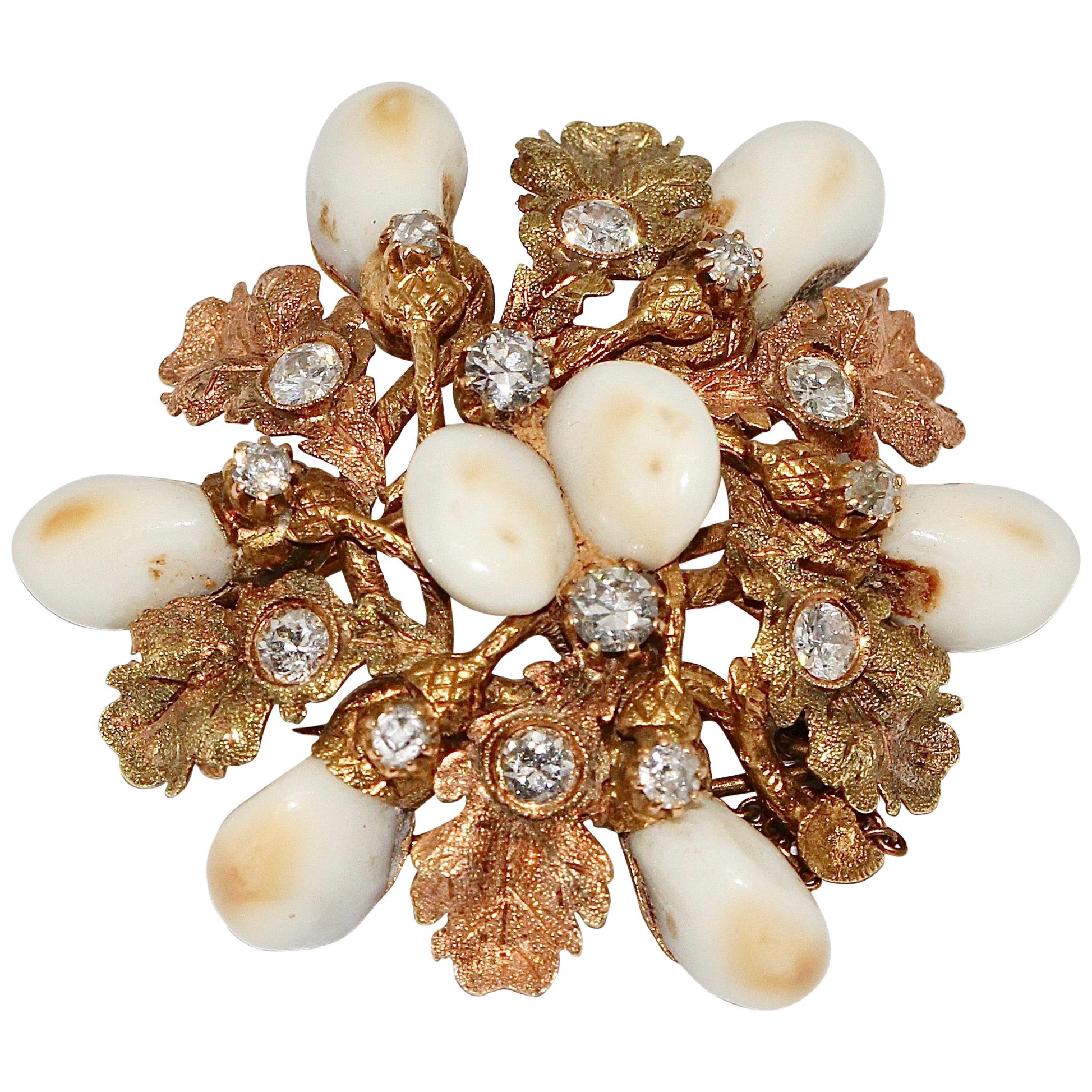 Rose and Yellow Gold "Grandel" Hunter Brooch with Diamonds and Canine Teeth For Sale
