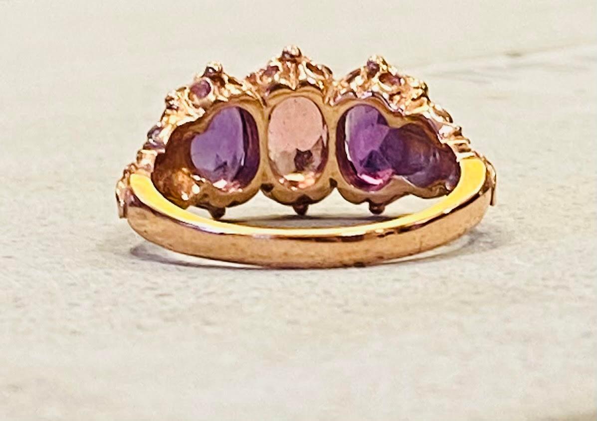 Antique Rose Golden Ring with Tourmalines and Amethyst  ca 1890-1900, ca 2 carat 3