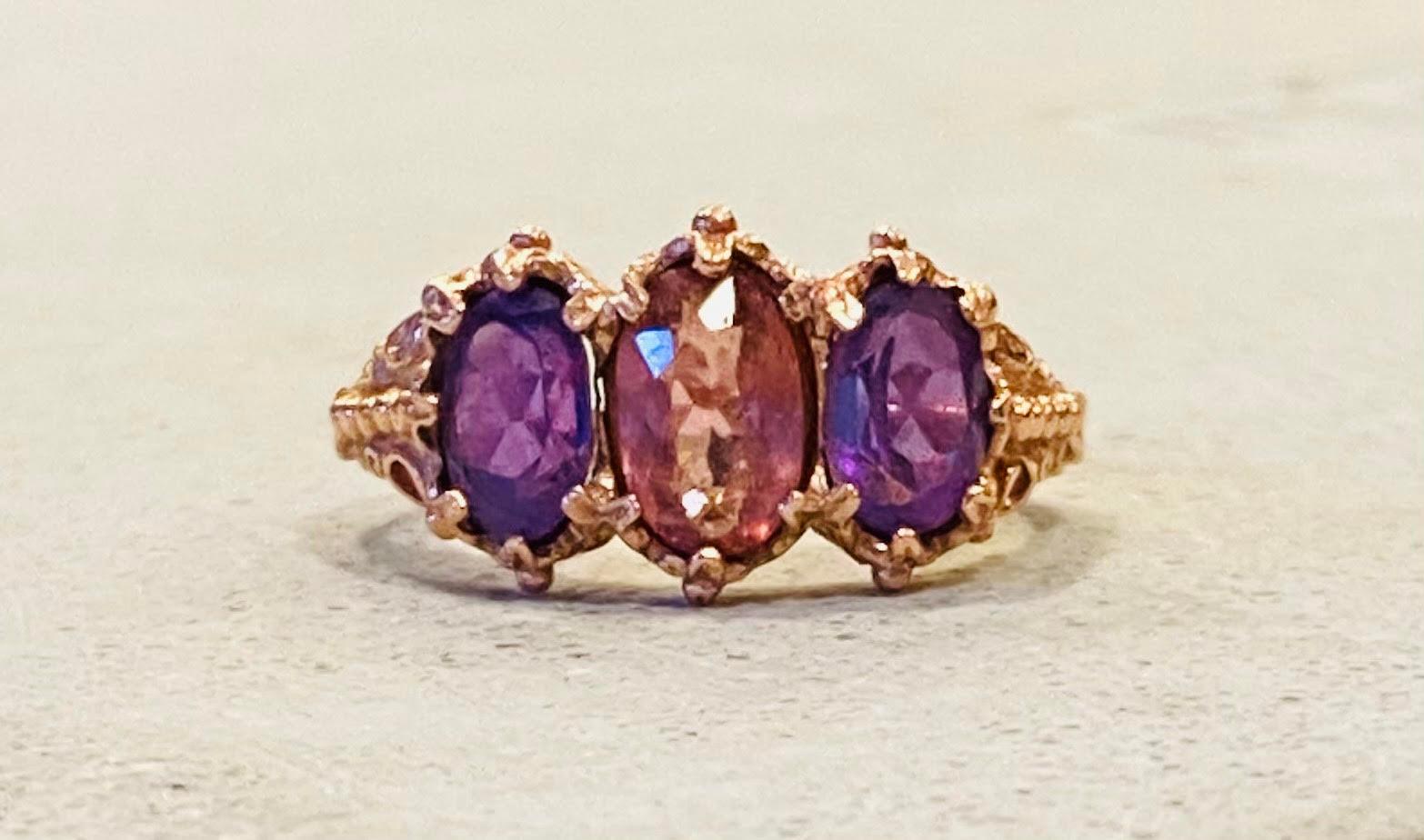Antique Rose Golden Ring with Tourmalines and Amethyst  ca 1890-1900, ca 2 carat 6