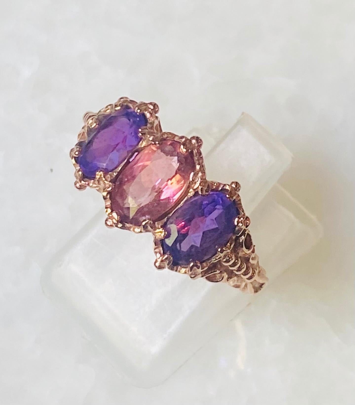 Antique Rose Golden Ring with Tourmalines and Amethyst  ca 1890-1900, ca 2 carat. This is one of kind antique ring with tourmalines and amethyst. The band is made of 14 carat rose gold. Look at the warm color gold. This stunning antique jewel is set