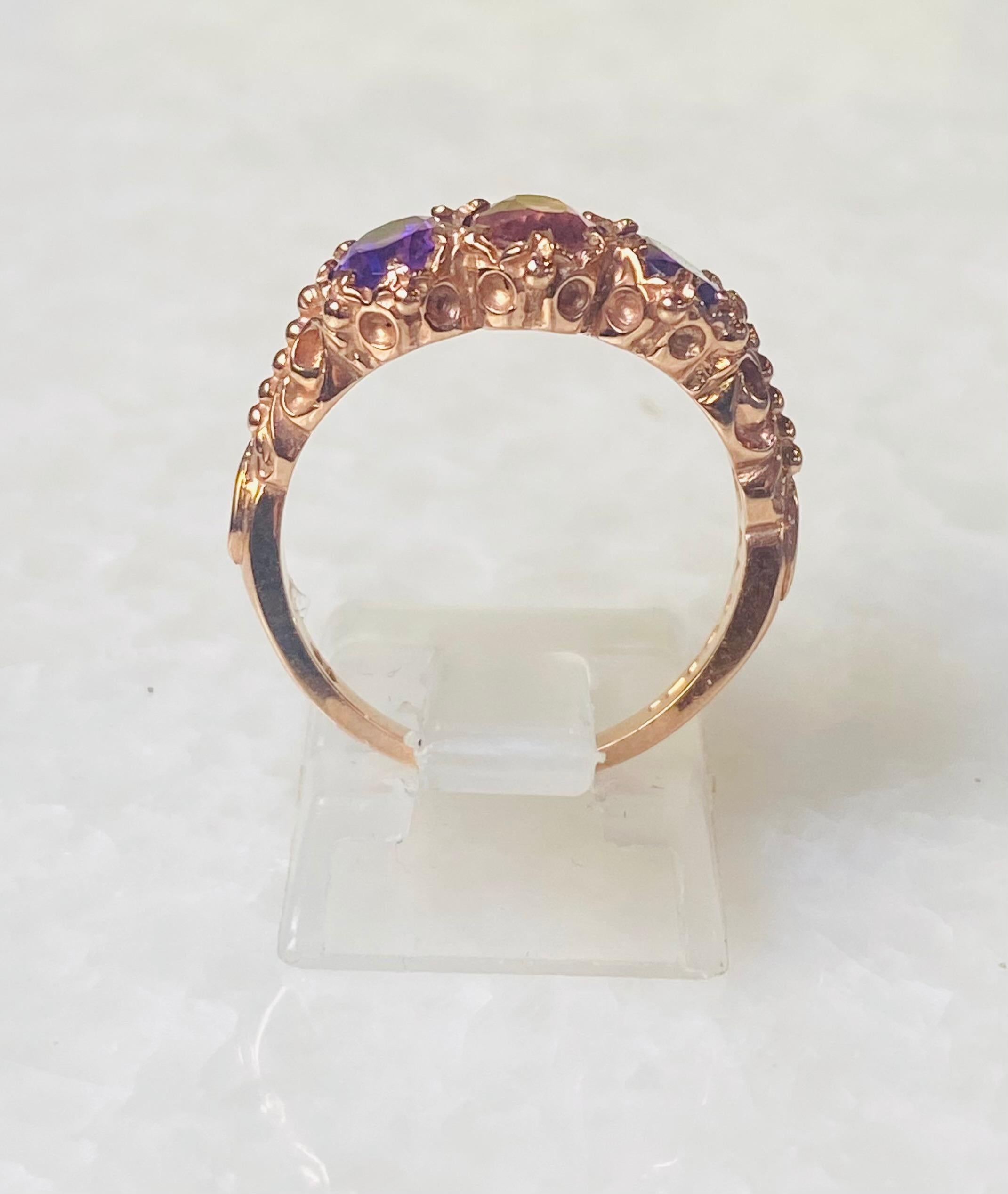 Art Nouveau Antique Rose Golden Ring with Tourmalines and Amethyst  ca 1890-1900, ca 2 carat