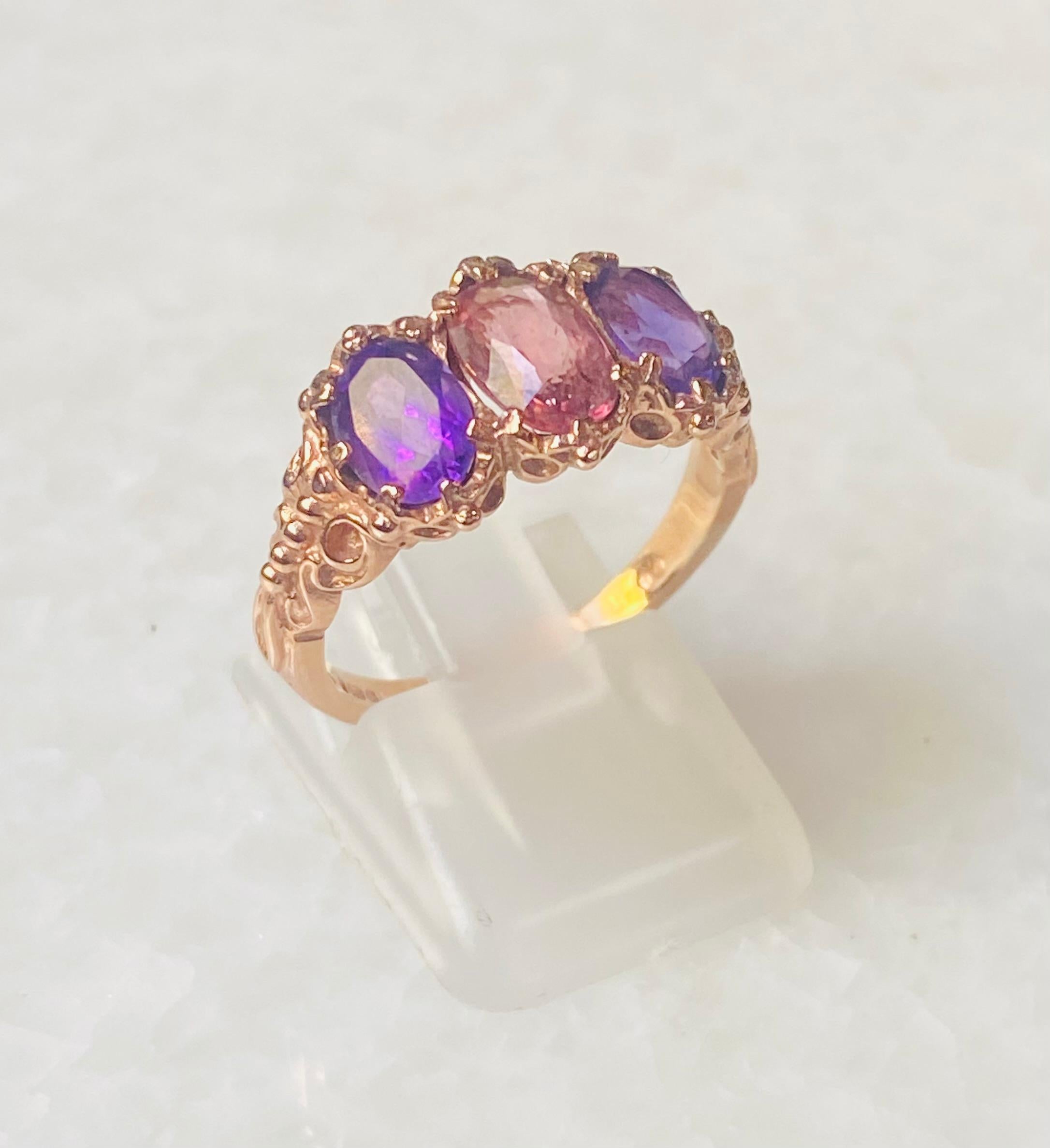 Cushion Cut Antique Rose Golden Ring with Tourmalines and Amethyst  ca 1890-1900, ca 2 carat